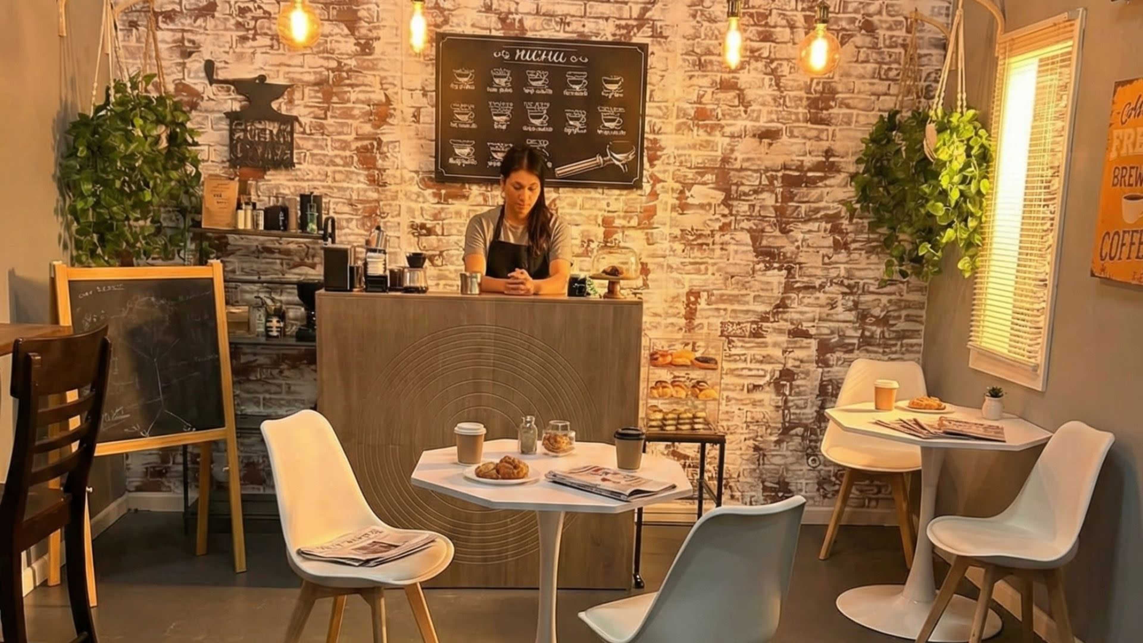 A woman stands behind a counter in a cozy café decorated with a brick wall, while tables and chairs are arranged for customers.