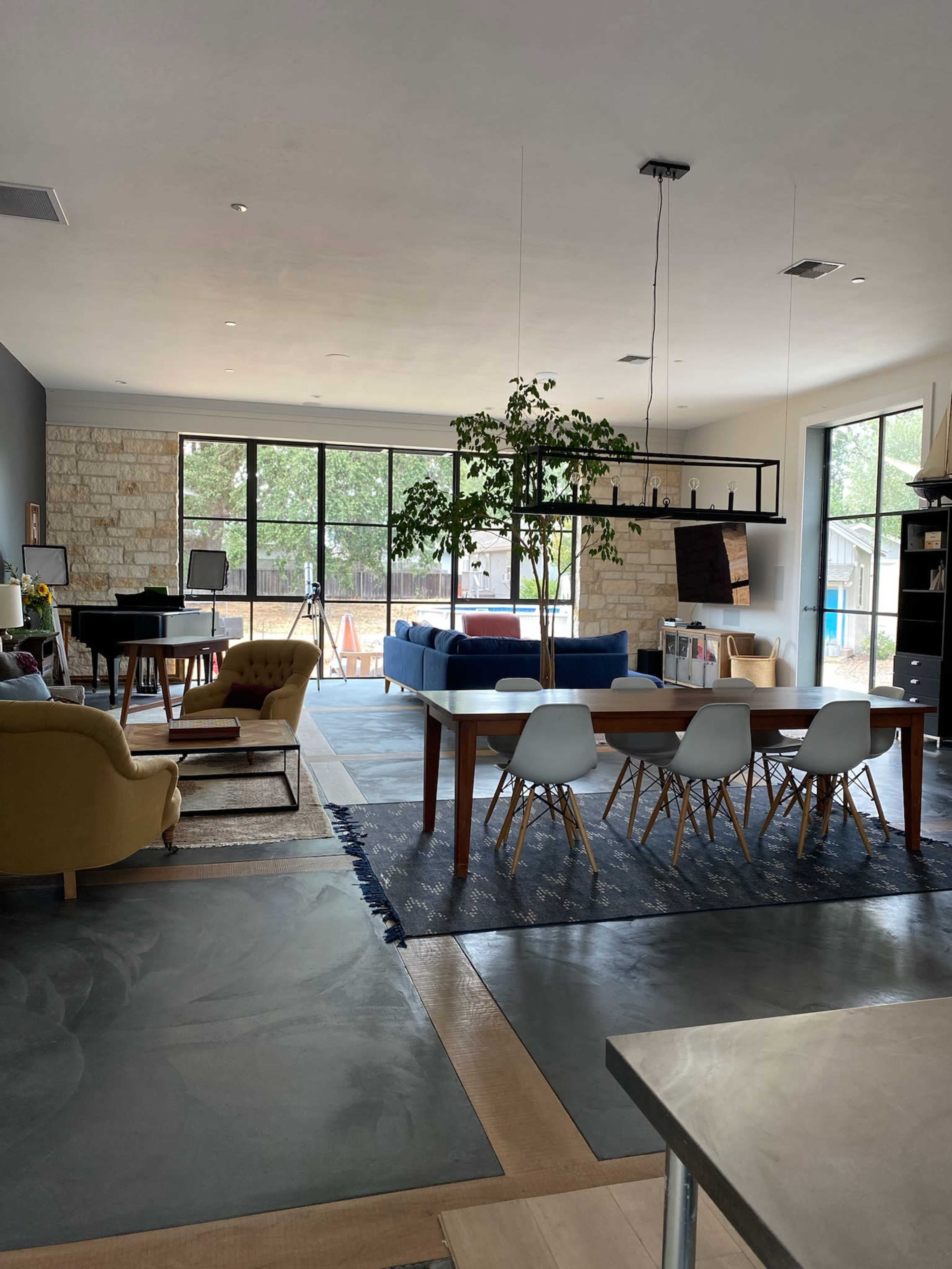 A modern open-concept living and dining area with large windows, a dining table, chairs, a couch, and a potted tree.