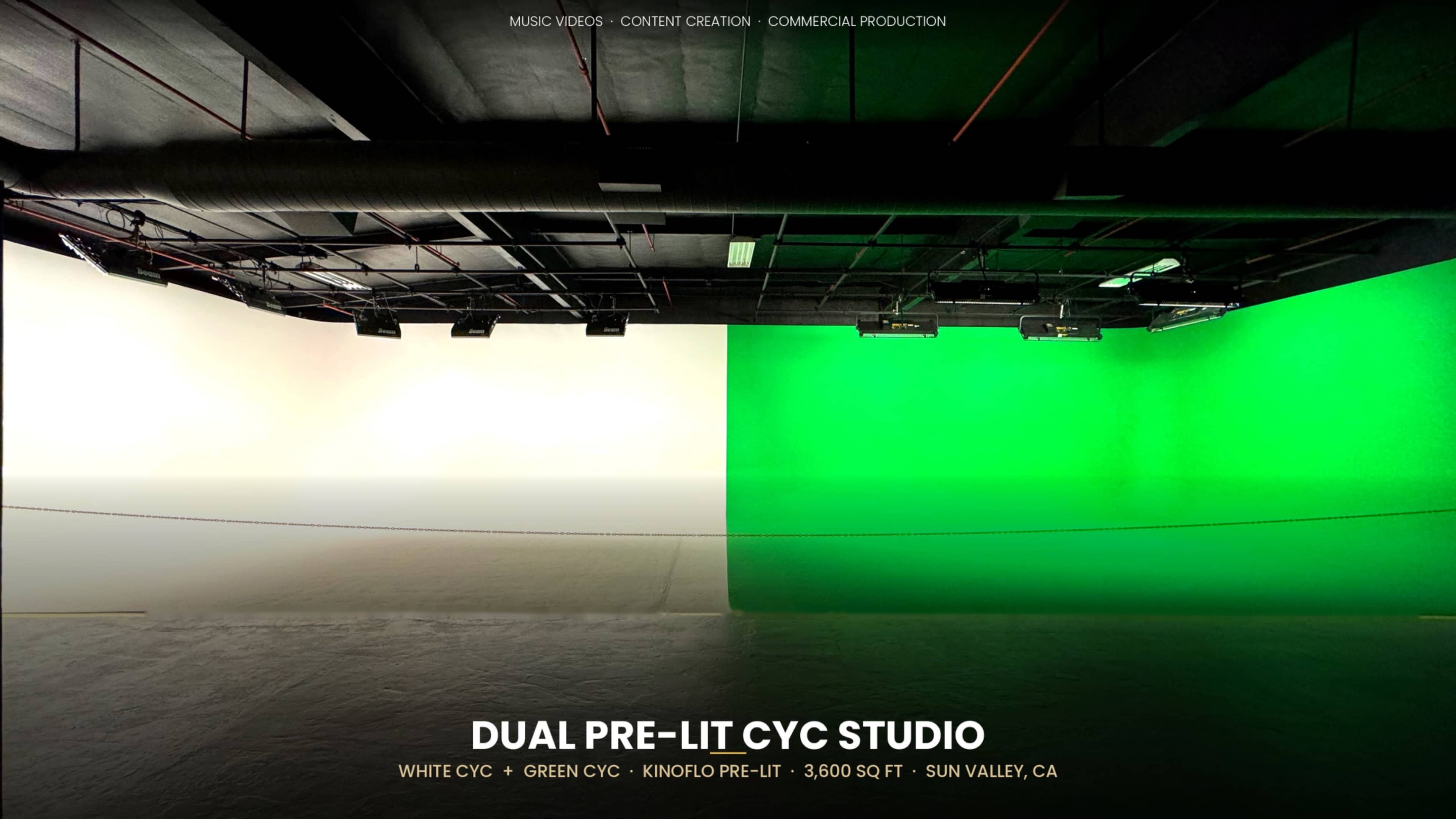 The image shows a dual pre-lit cyclorama studio featuring a white backdrop on one side and a green backdrop on the other.
