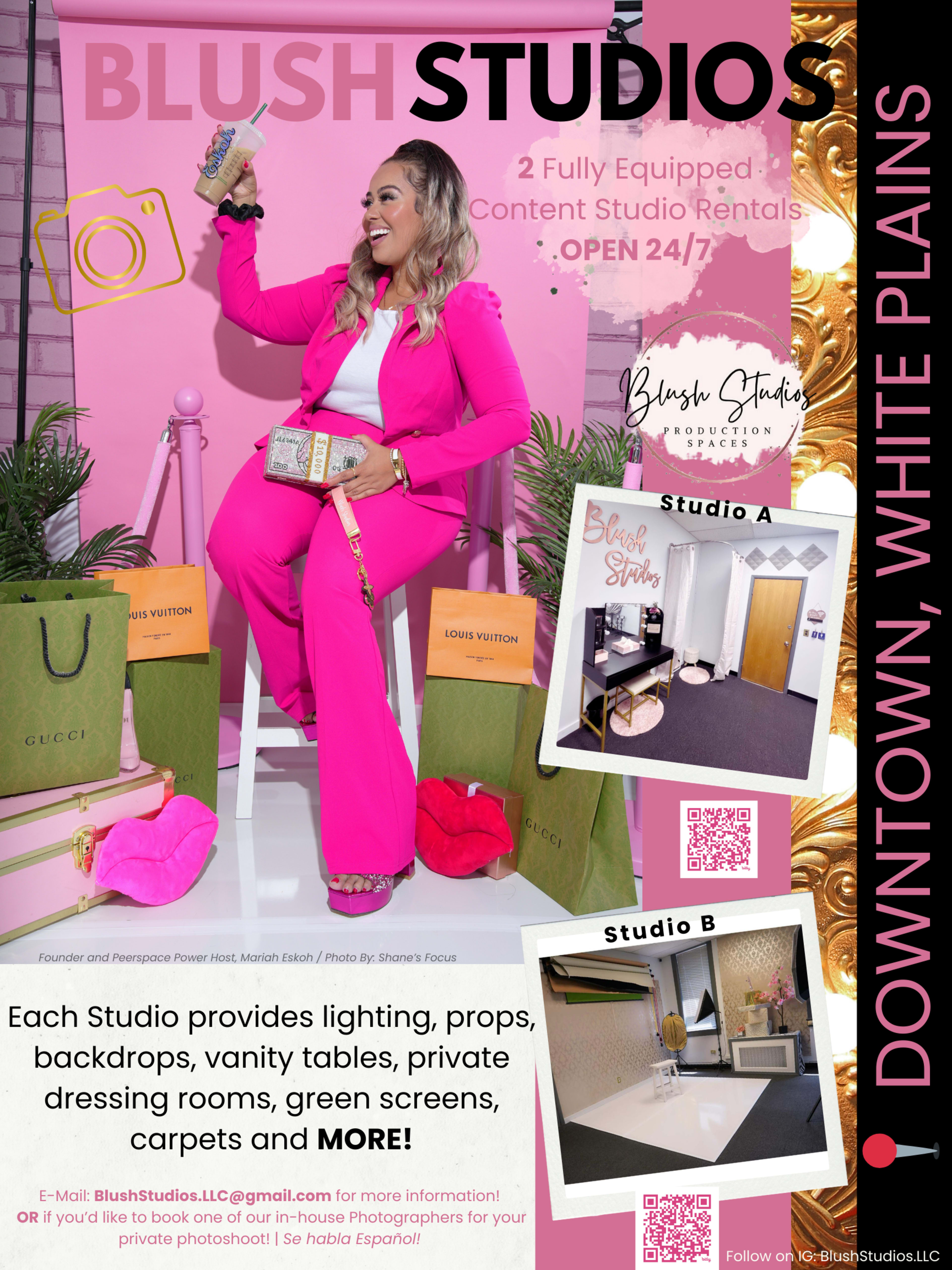 A woman poses in a vibrant outfit in a photo studio, showcasing equipment and amenities available for content creation.