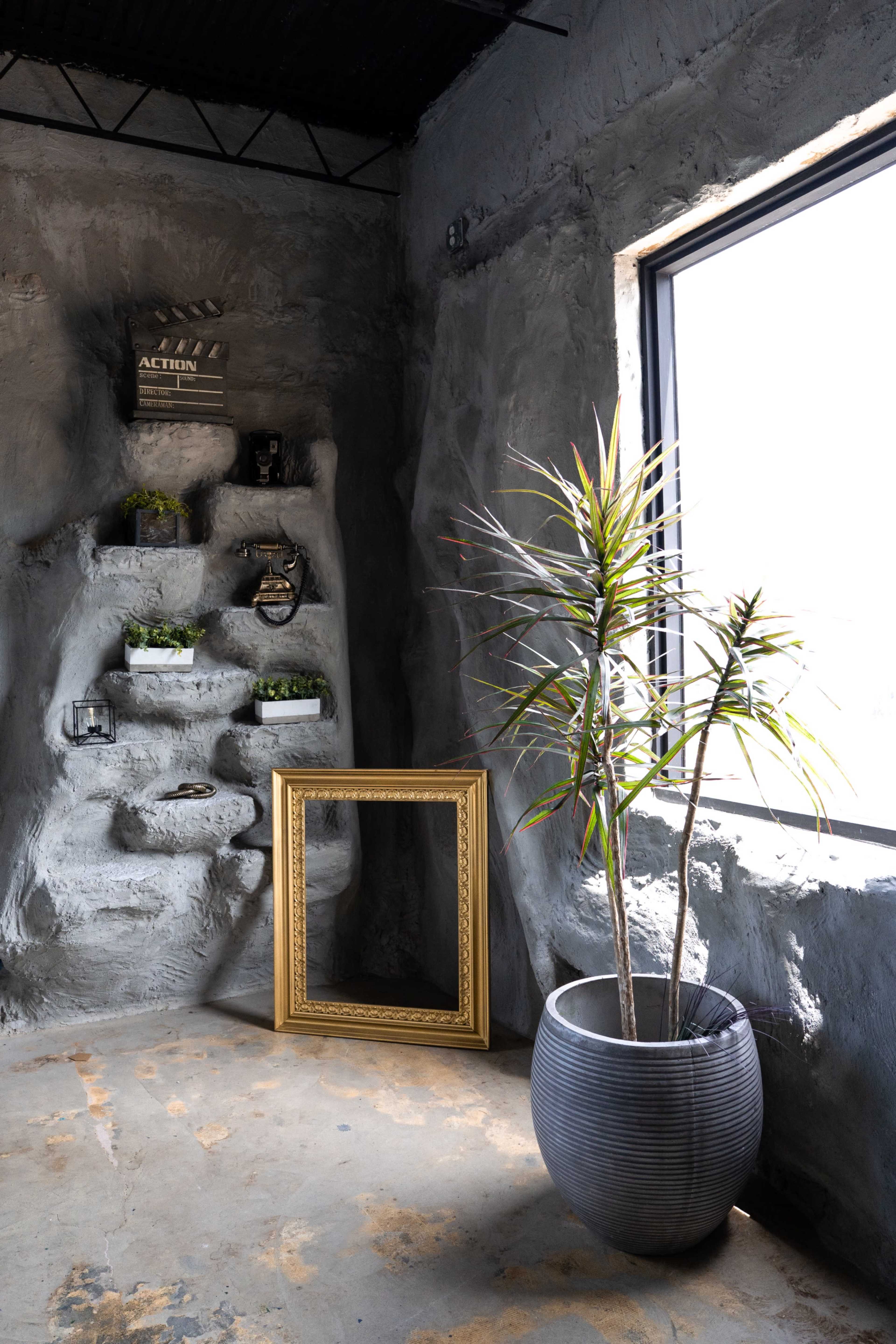 A corner of an industrial-style room features a textured gray wall with shelves displaying small plants and decorative items, alongside a potted plant and a gold-framed empty picture frame.