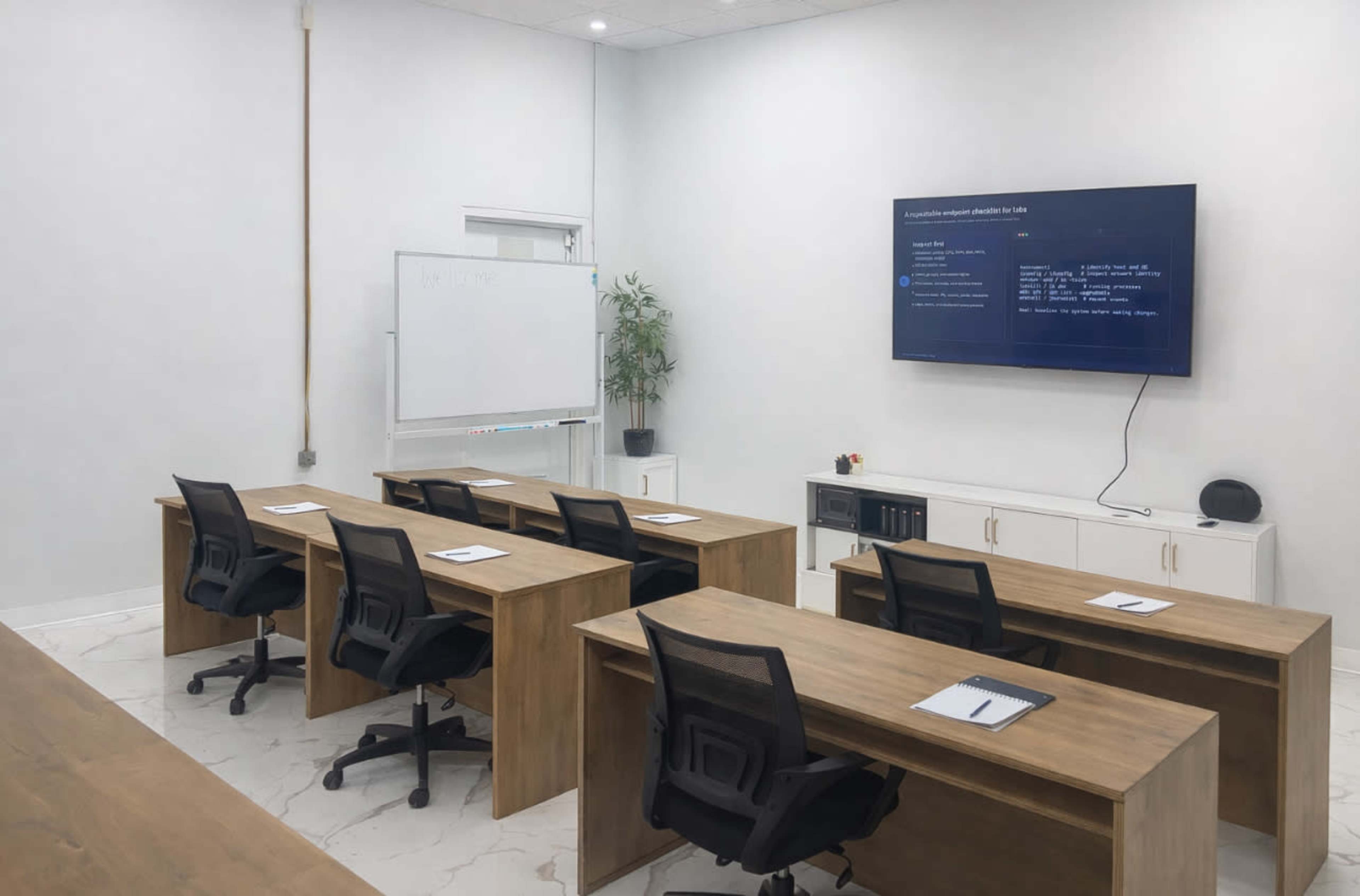 A modern classroom features six wooden desks with rolling chairs, a whiteboard, and a large screen displaying information on a wall.