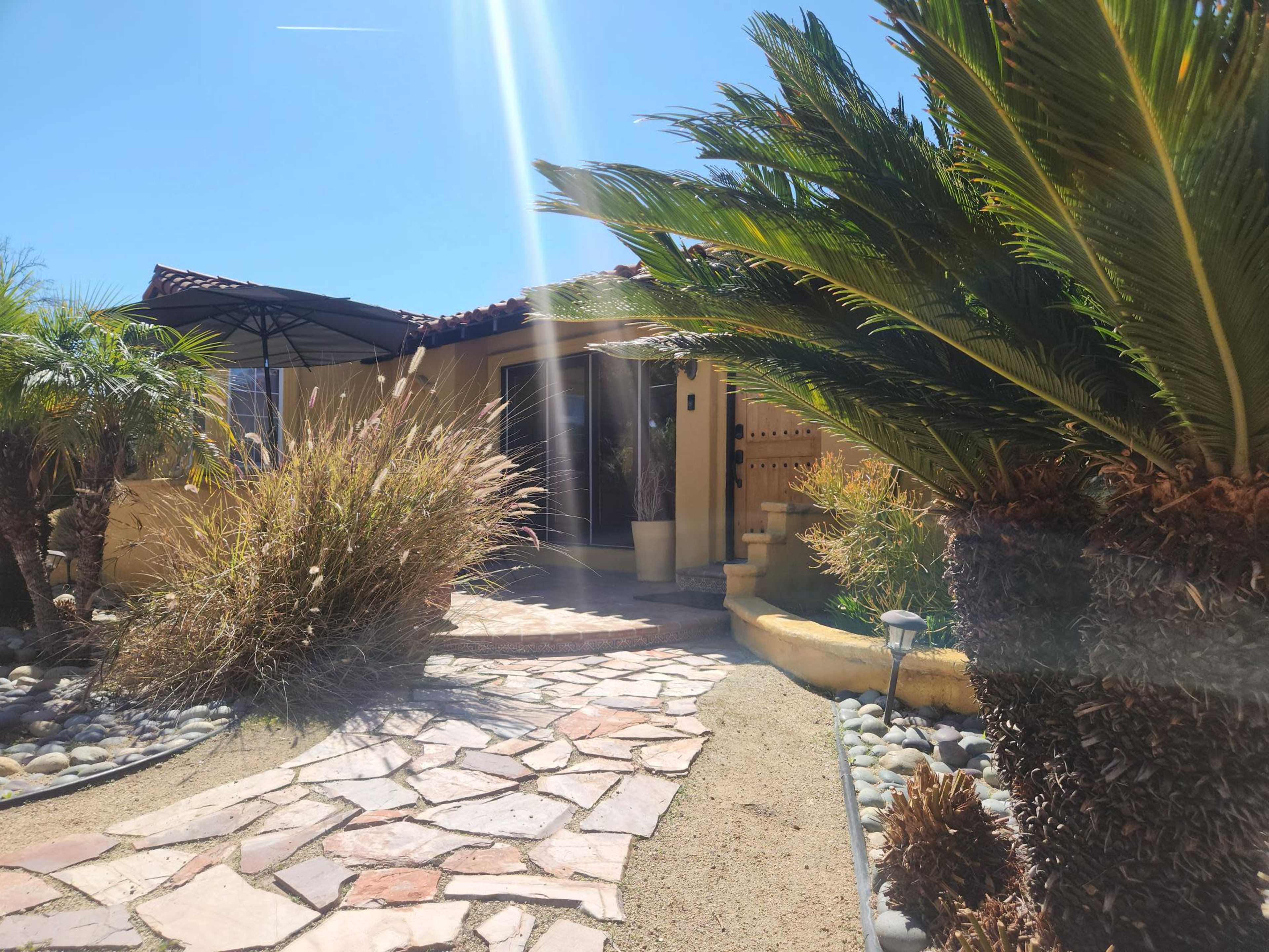 A stone pathway leads toward a house surrounded by various plants and palm trees under a clear blue sky.
