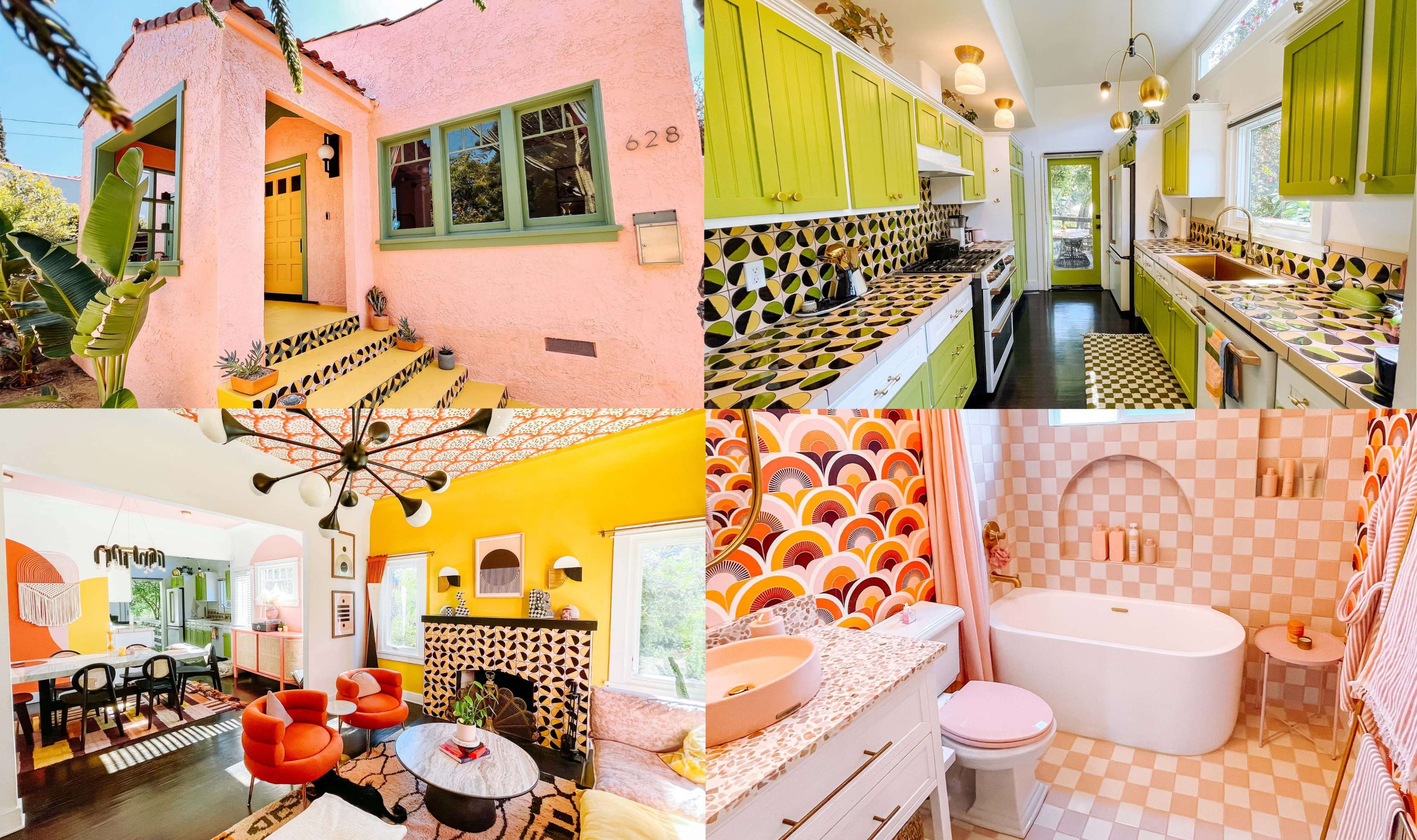 A vibrant, multi-room house showcasing a pink exterior, brightly colored kitchens and bathrooms, and bold patterned decor.