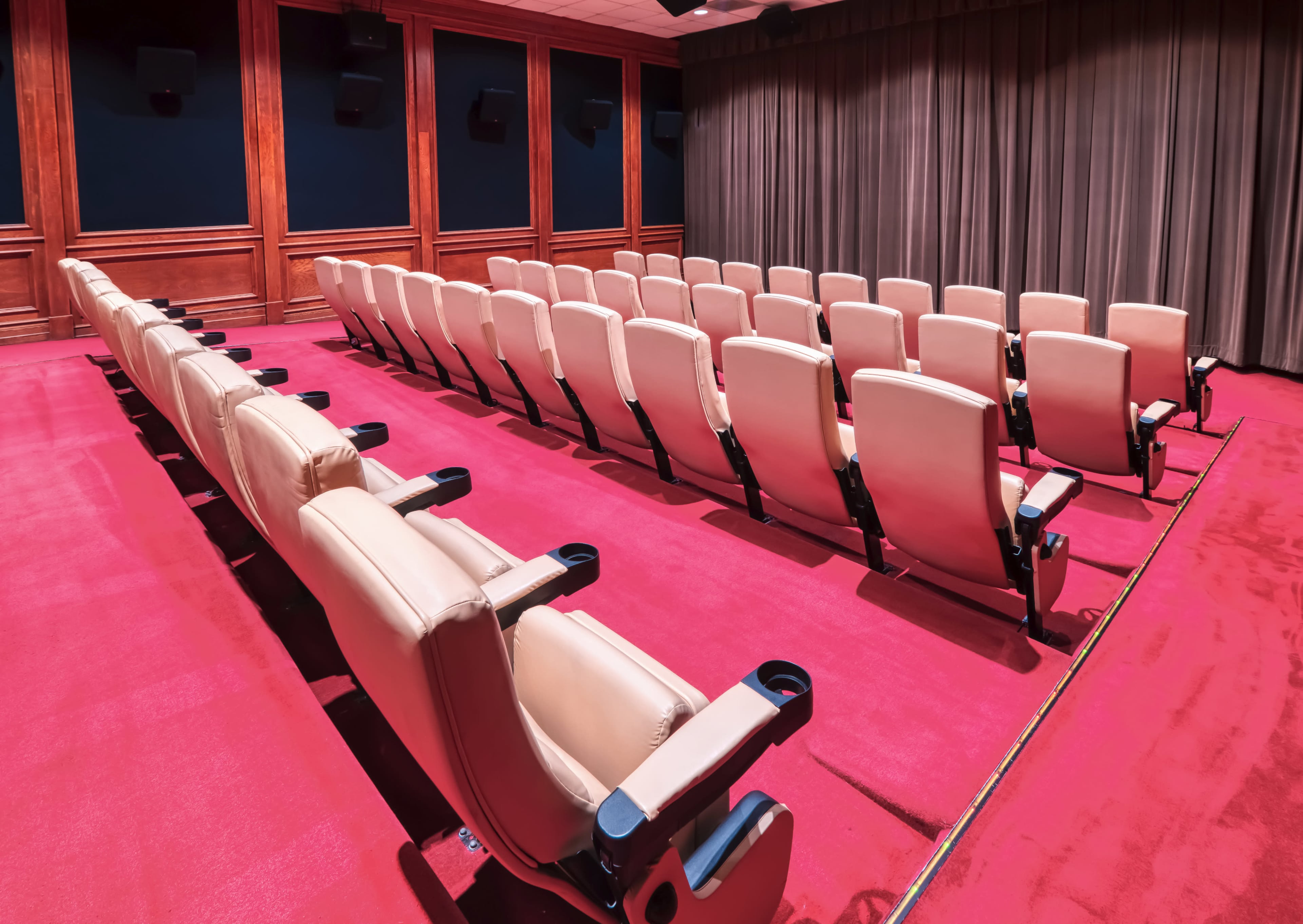 The image shows a row of beige leather chairs arranged in a carpeted theater with a dark curtain in the background.