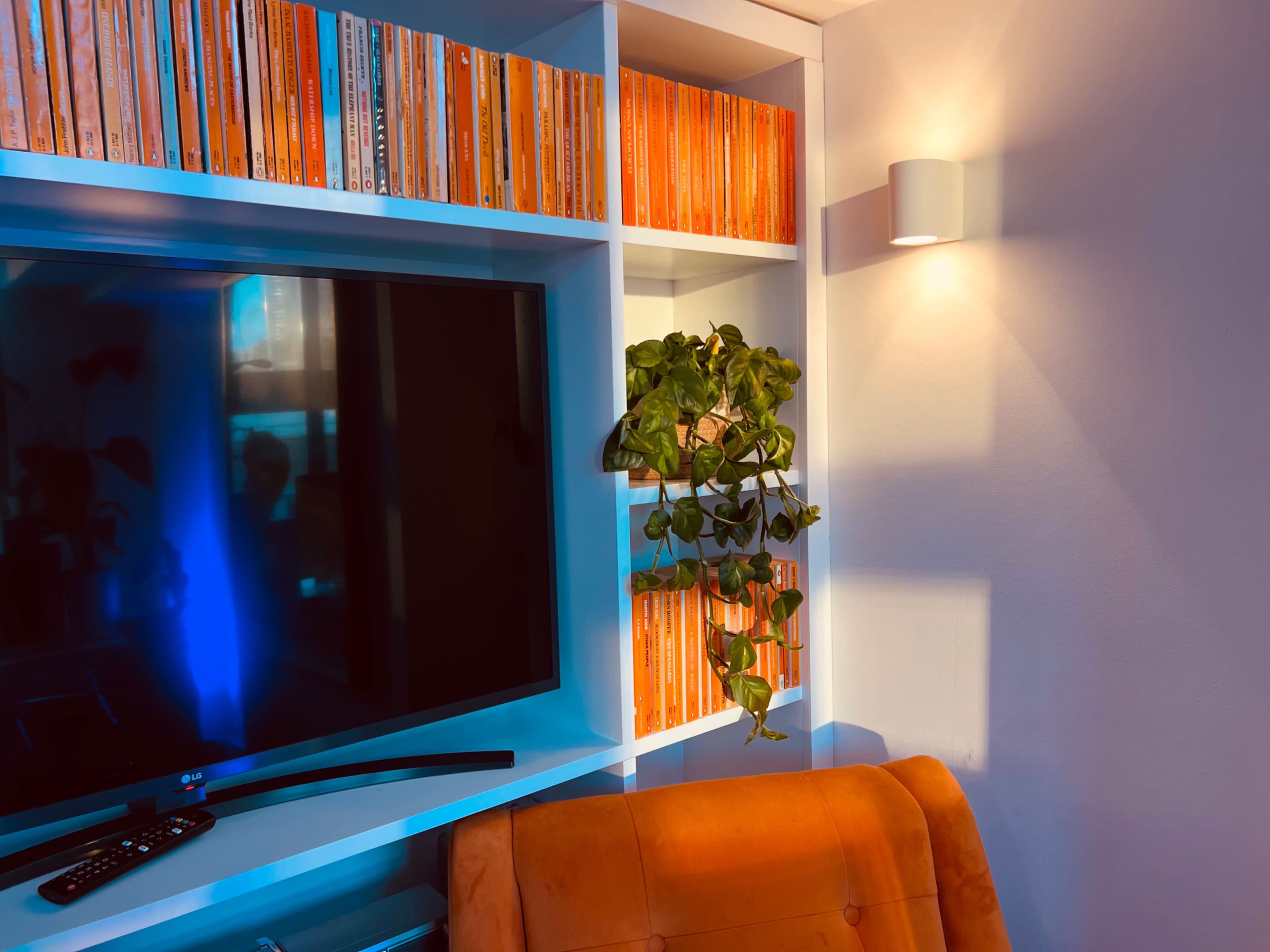 A living room features a television mounted on a white shelf alongside neatly arranged orange books and a green plant, with a soft light illuminating the space.