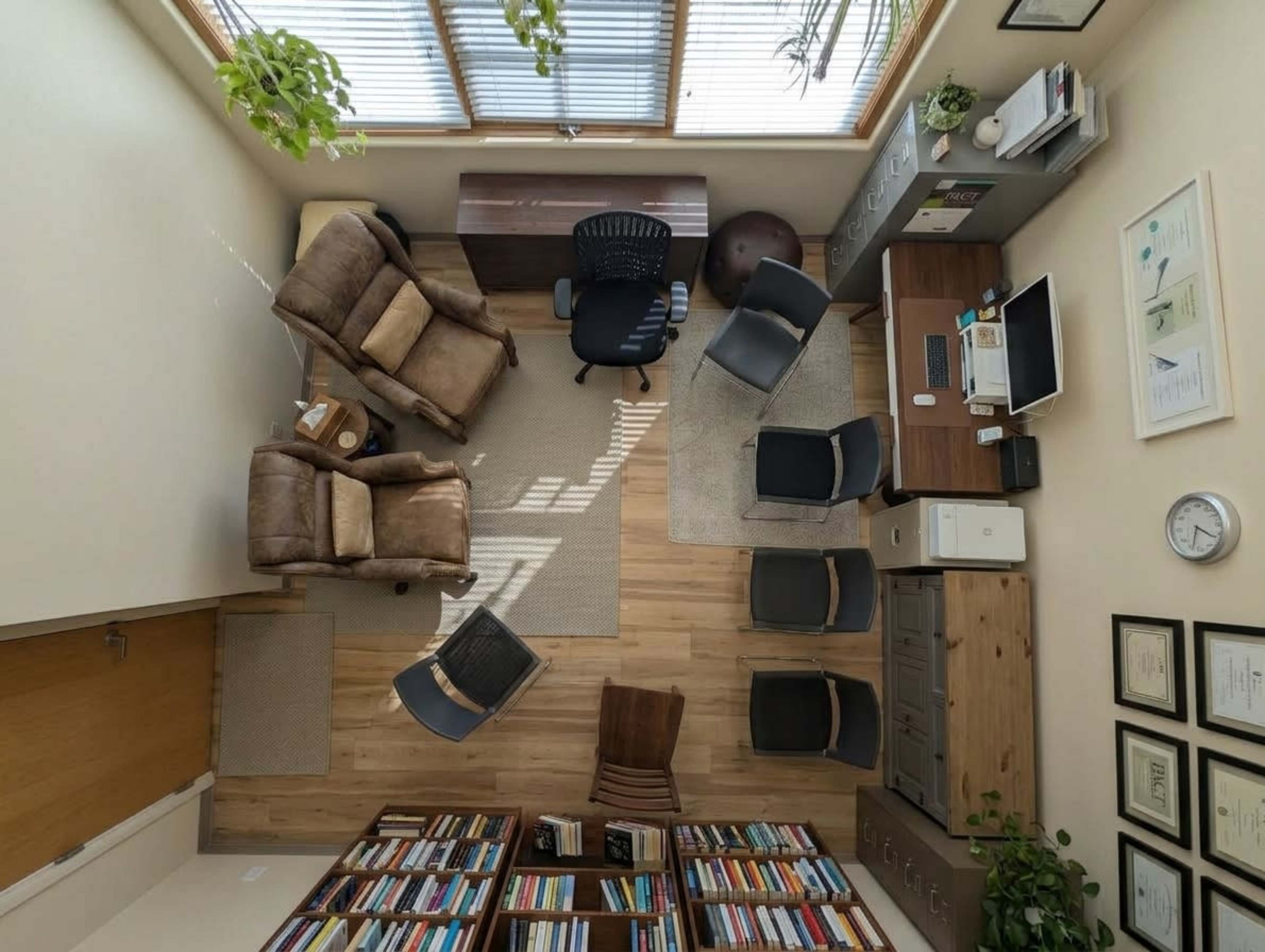 The image shows a well-lit office space with two leather chairs, a desk and computer, several shelves of books, and an organized layout of chairs and plants.