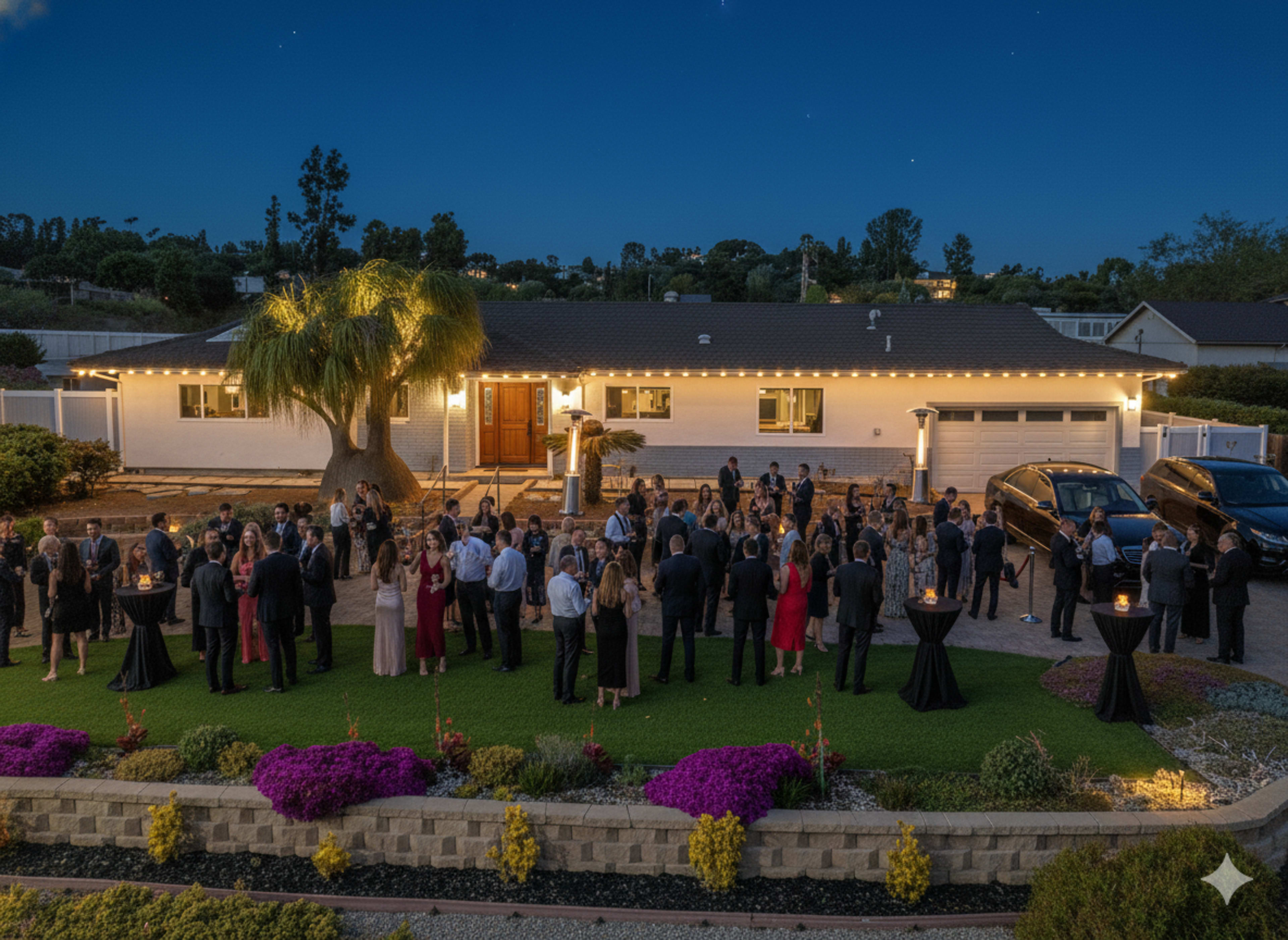 A large group of people gathers outside a well-lit house during an evening event, with decorative lighting and flowering plants visible in the foreground.