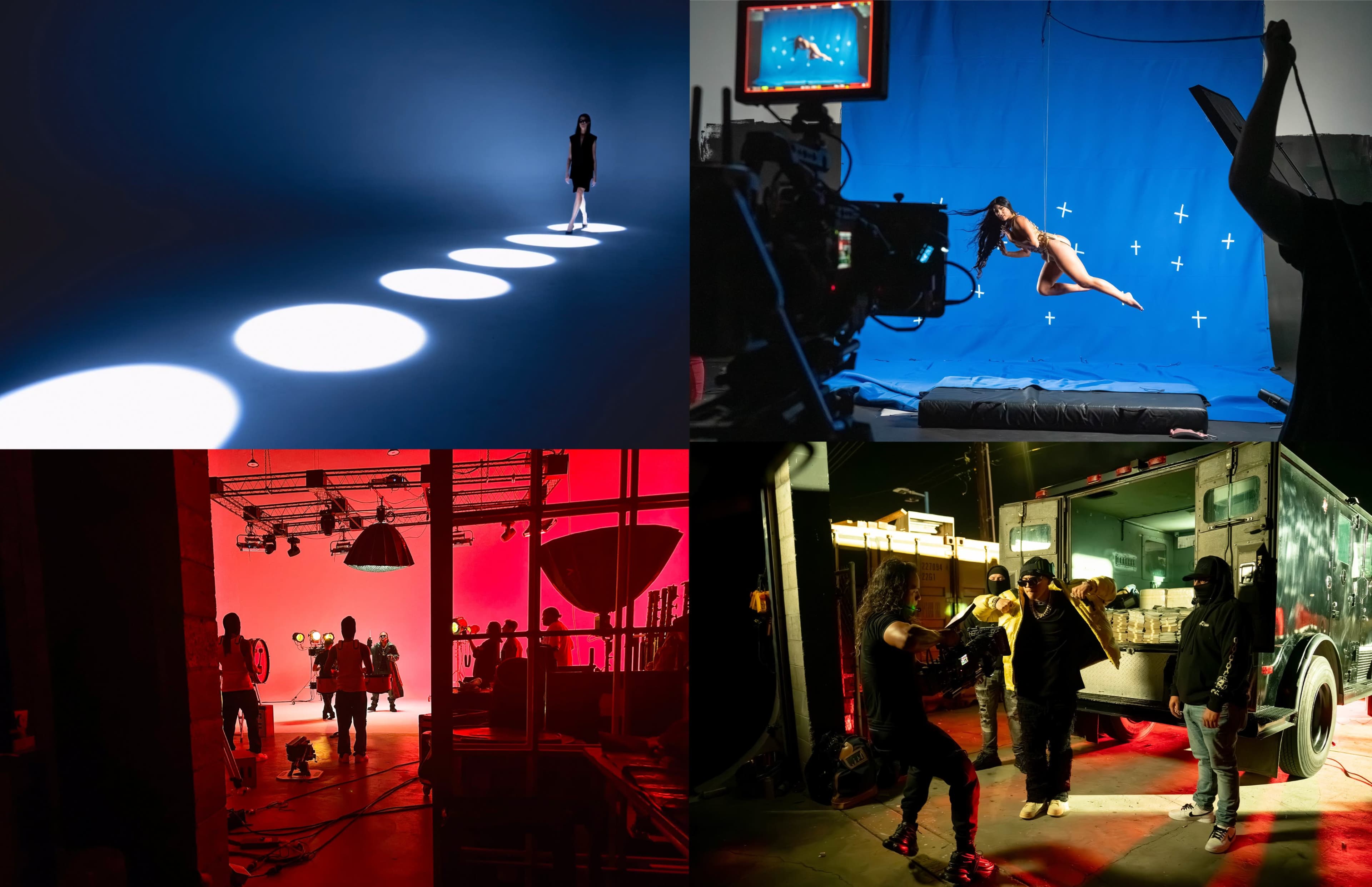 Four scenes: a model standing under spotlight, a person jumping against a blue backdrop, a studio setup with red lighting and crew, and a group of people near a food truck.