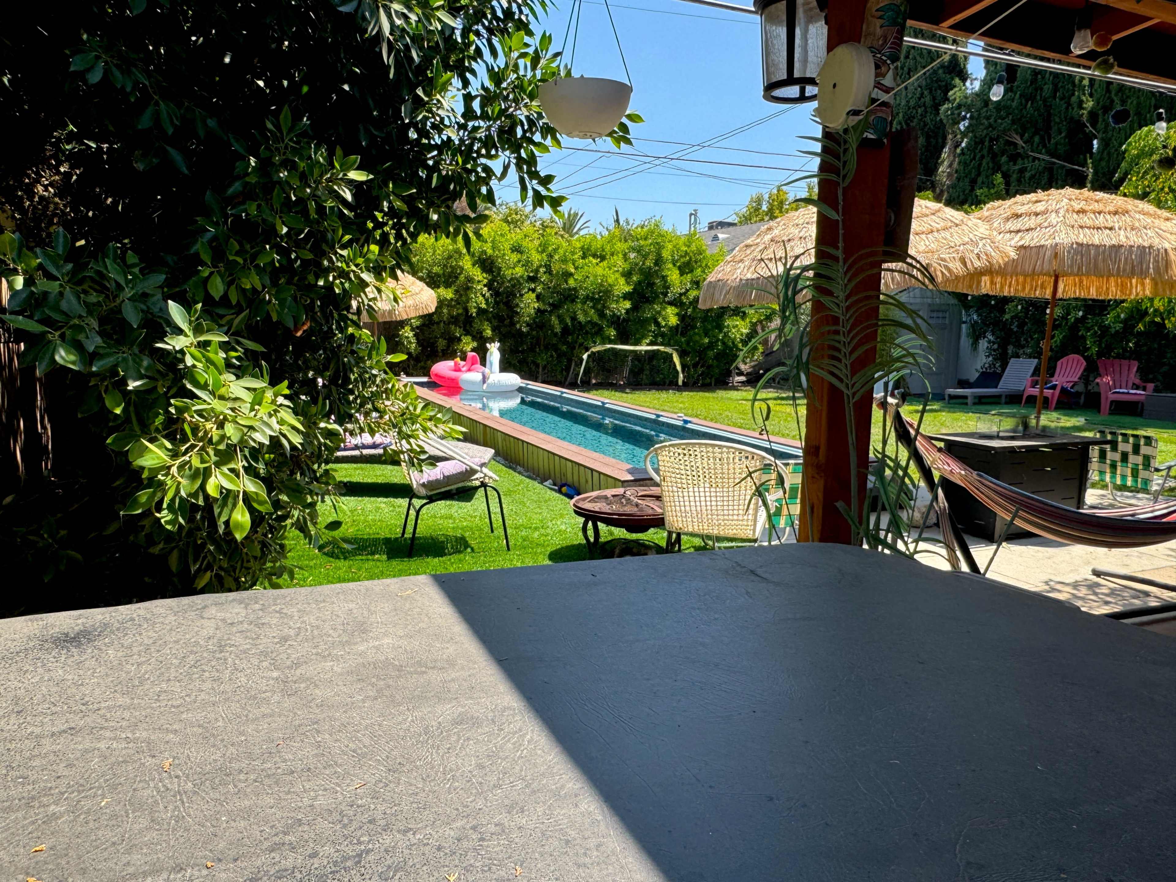 The image shows a backyard scene with a swimming pool, surrounded by lounge chairs, umbrellas, and greenery.