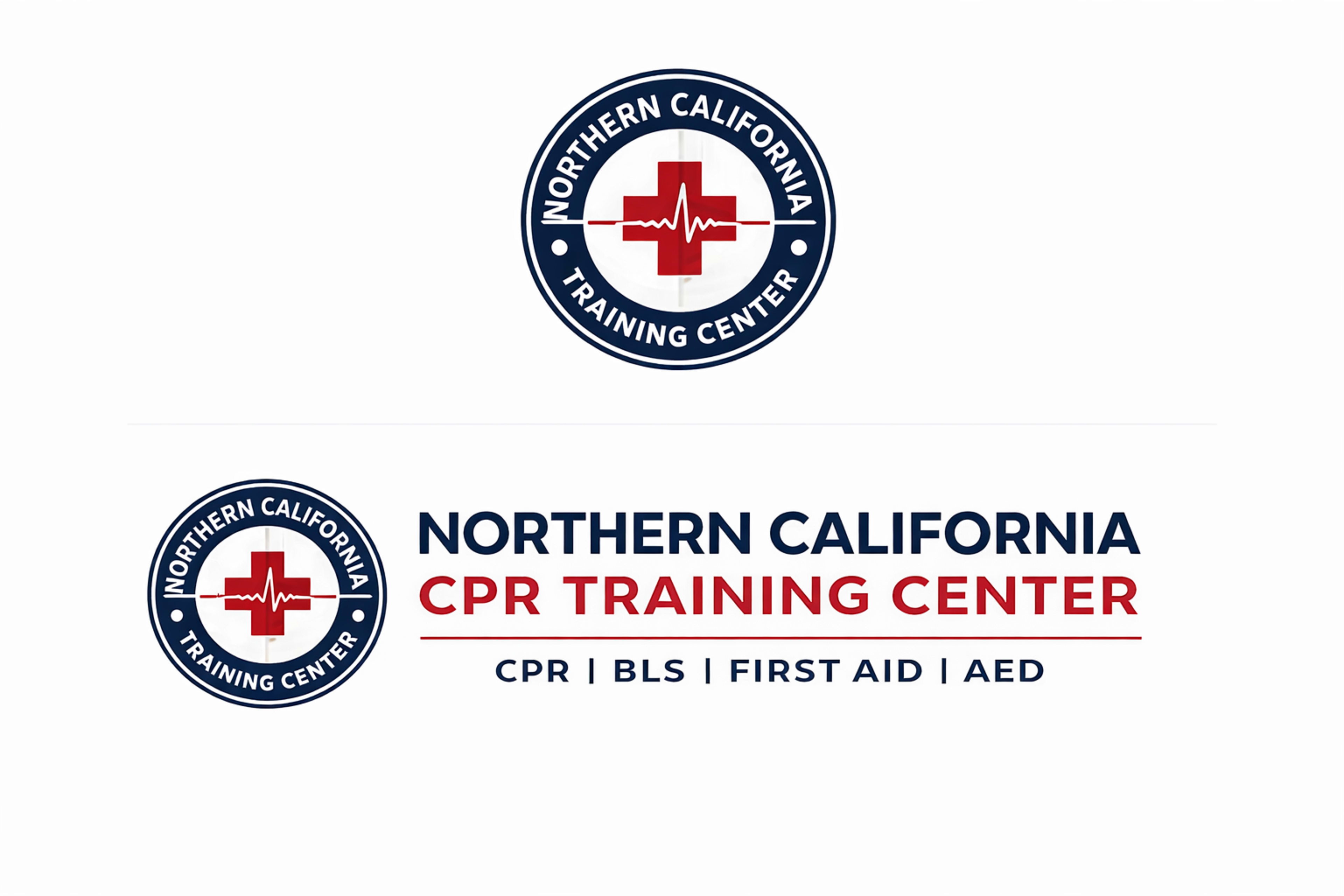 The image features a logo design for the Northern California CPR Training Center, prominently displaying its name and offering details like CPR, BLS, First Aid, and AED training.
