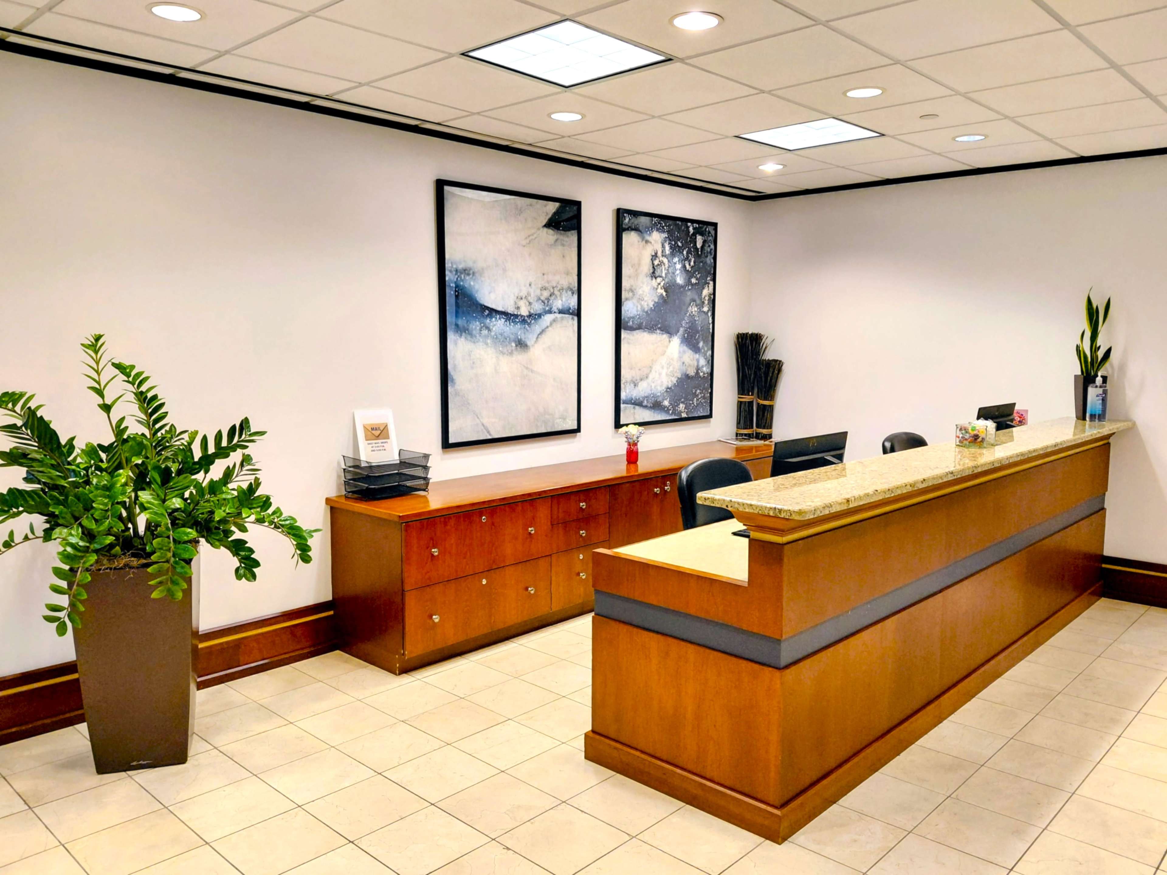The image shows a reception area with a wooden front desk, two abstract paintings on the wall, and a potted plant in the corner.