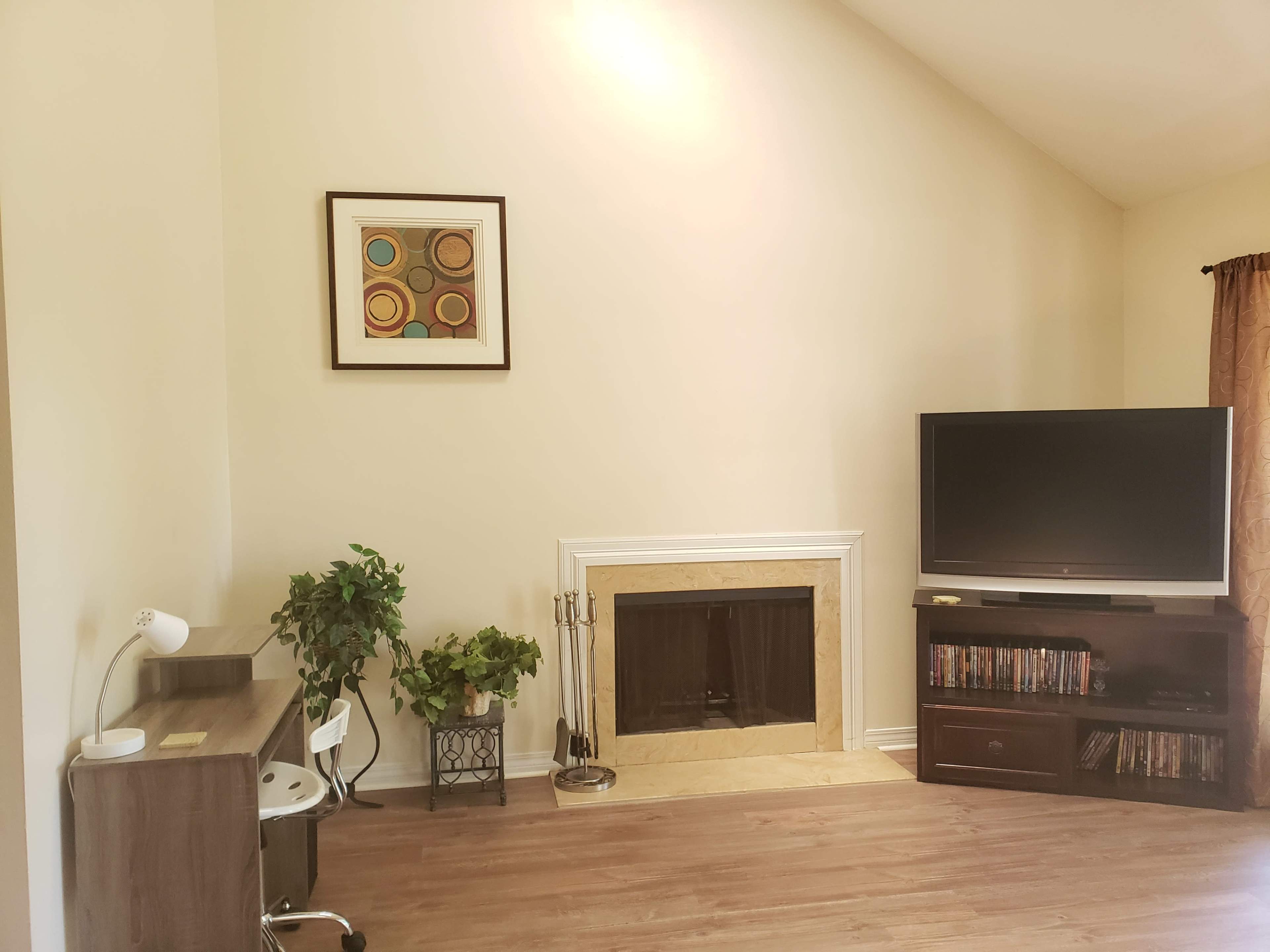 The image shows a living room with a fireplace, a television on a stand, a small desk with a lamp, and a plant in a corner.