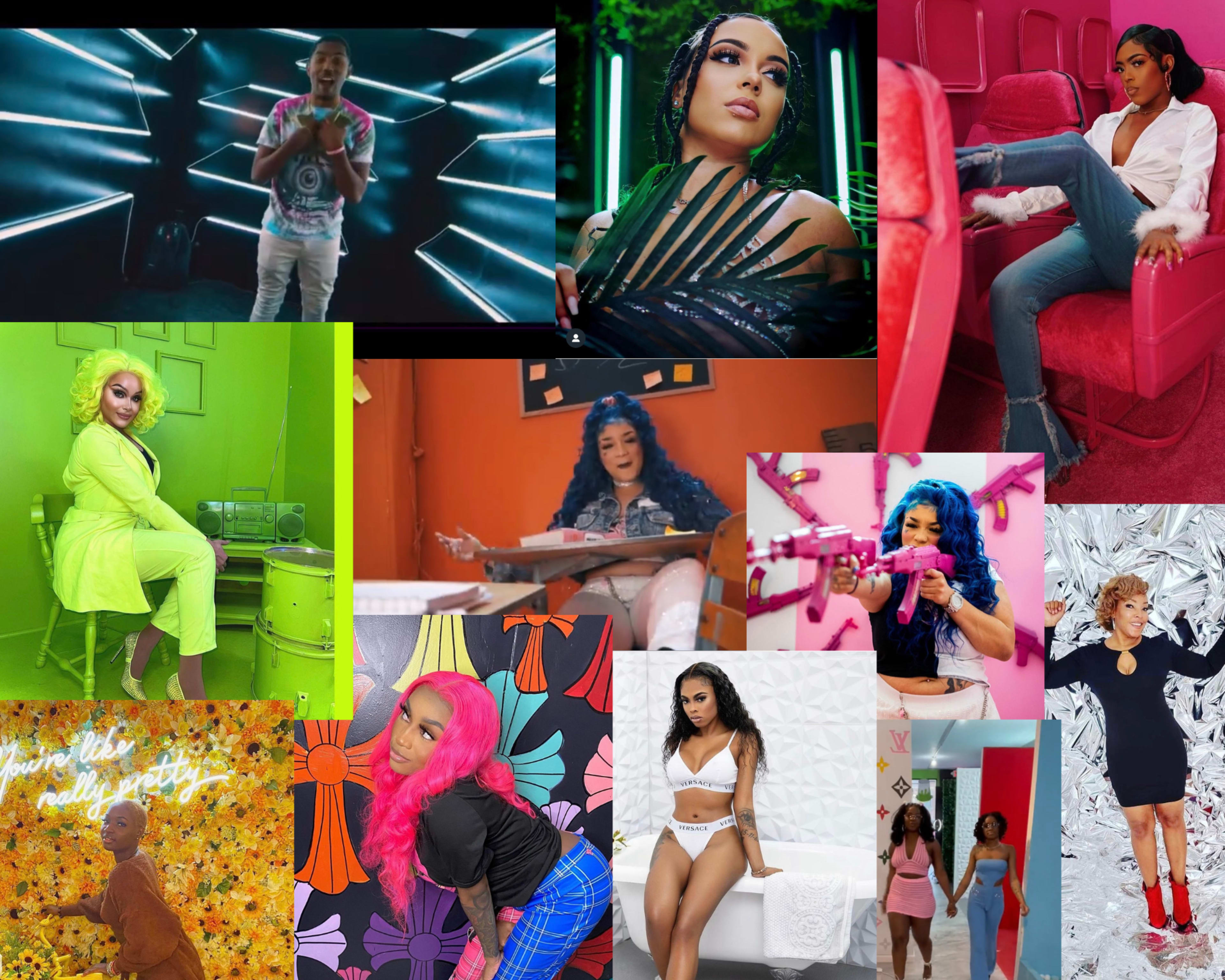 A collage of various individuals showcasing vibrant hairstyles and colorful outfits in diverse settings, including music performance scenes and themed backgrounds.