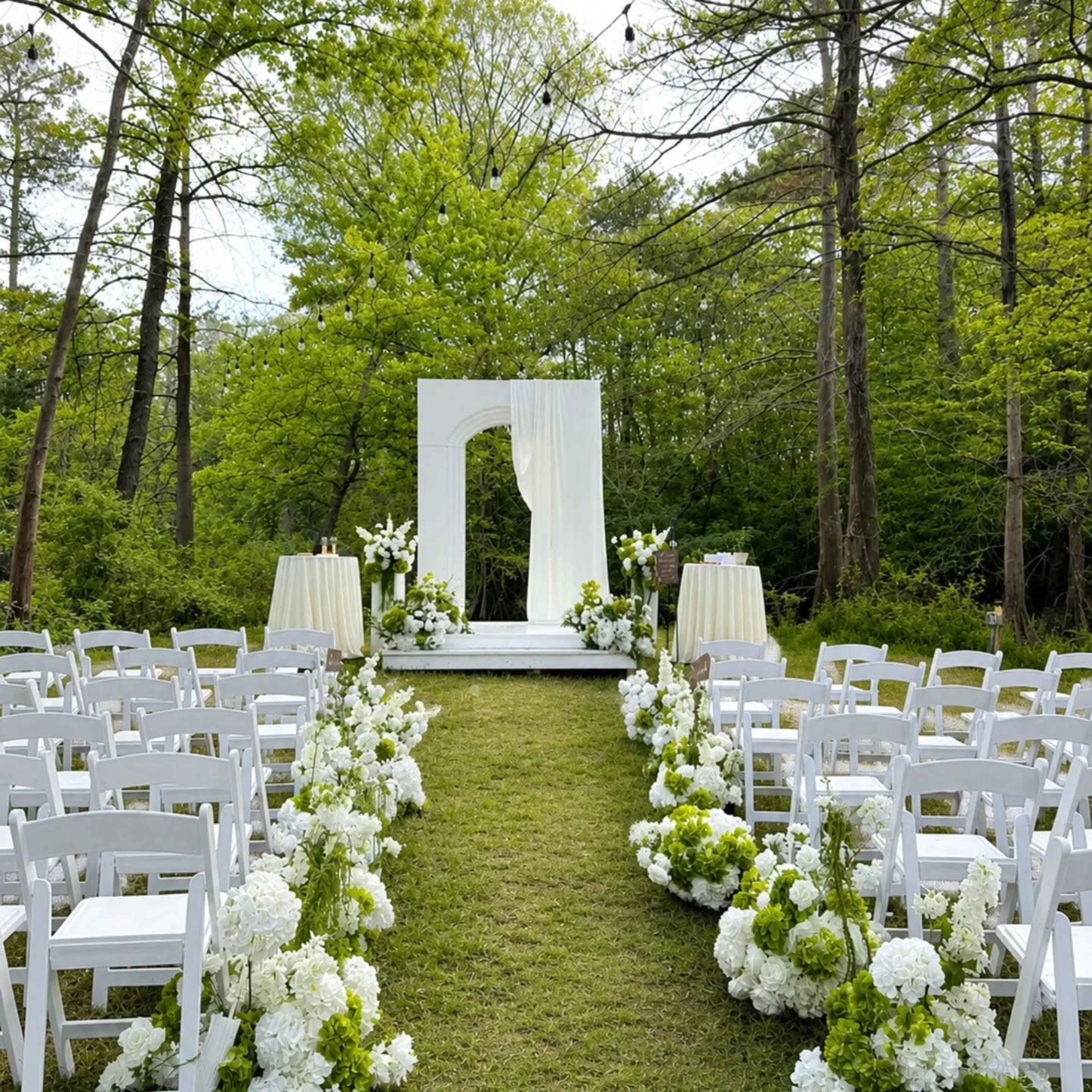A wedding ceremony setup features white chairs arranged in rows leading to a floral-adorned archway beneath a canopy of trees.