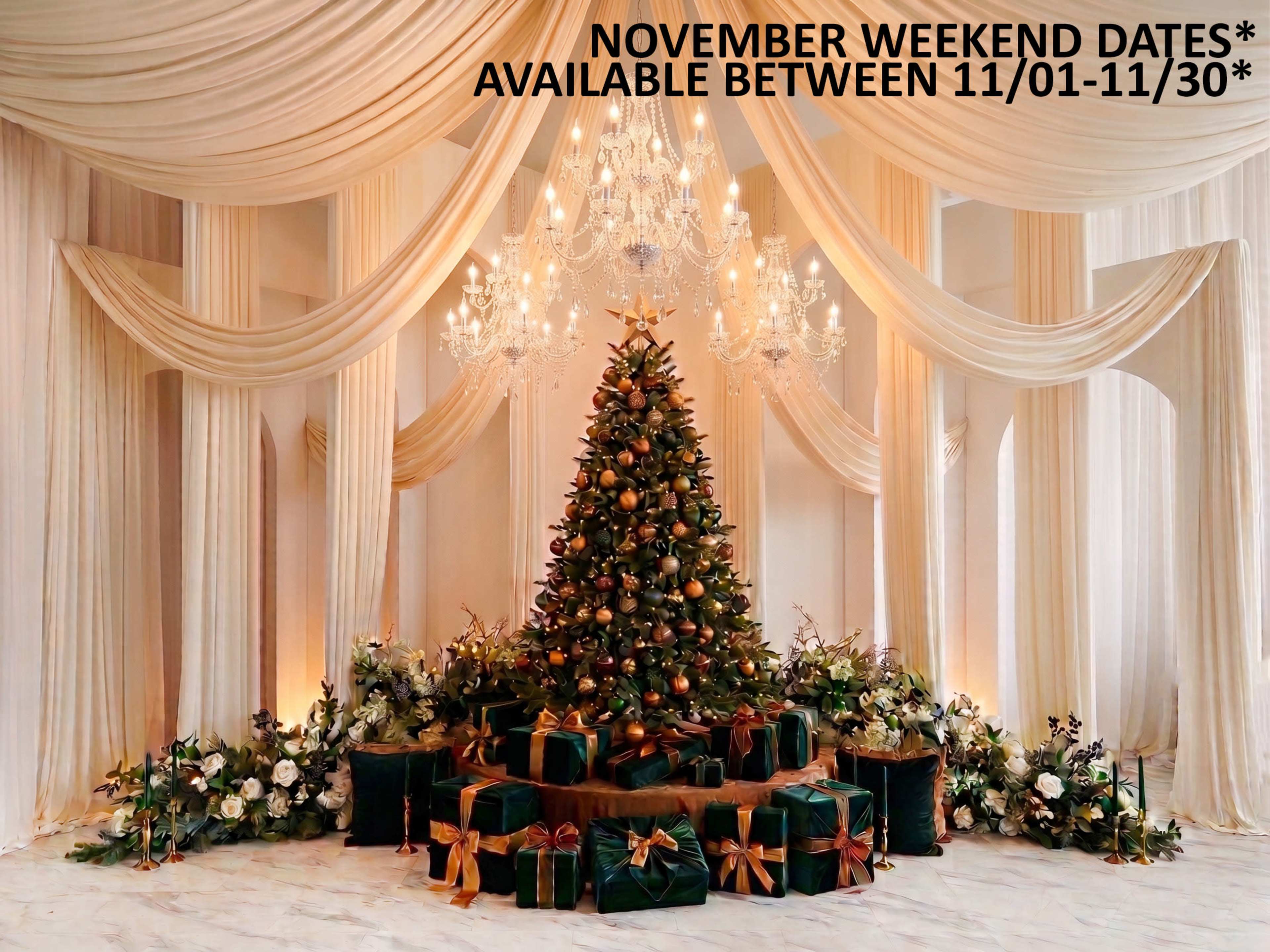 A decorated Christmas tree is placed at the center of an elegant venue, surrounded by gift boxes and adorned with floral arrangements.