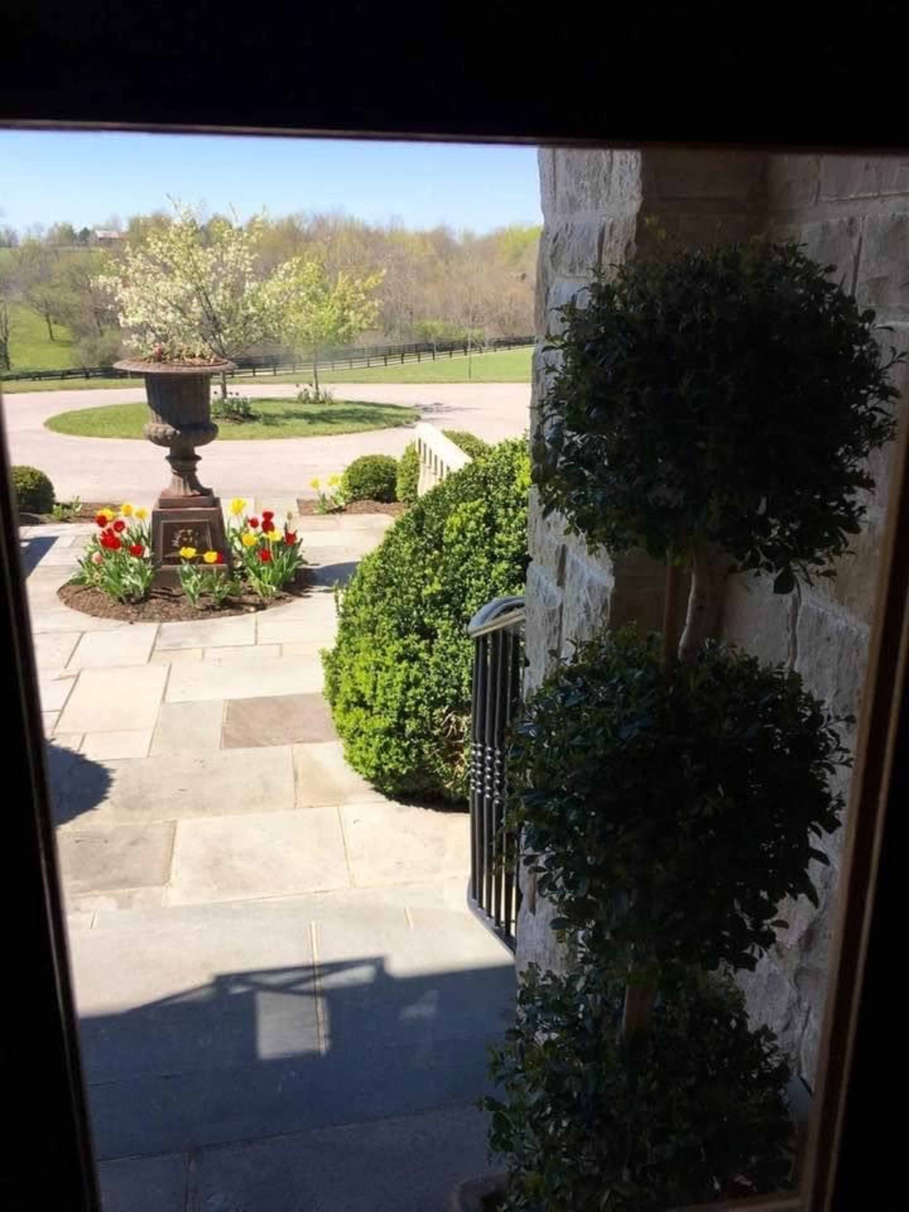 The view from the window shows a landscaped garden with topiary and a flowerbed filled with tulips, highlighted by a decorative planter.