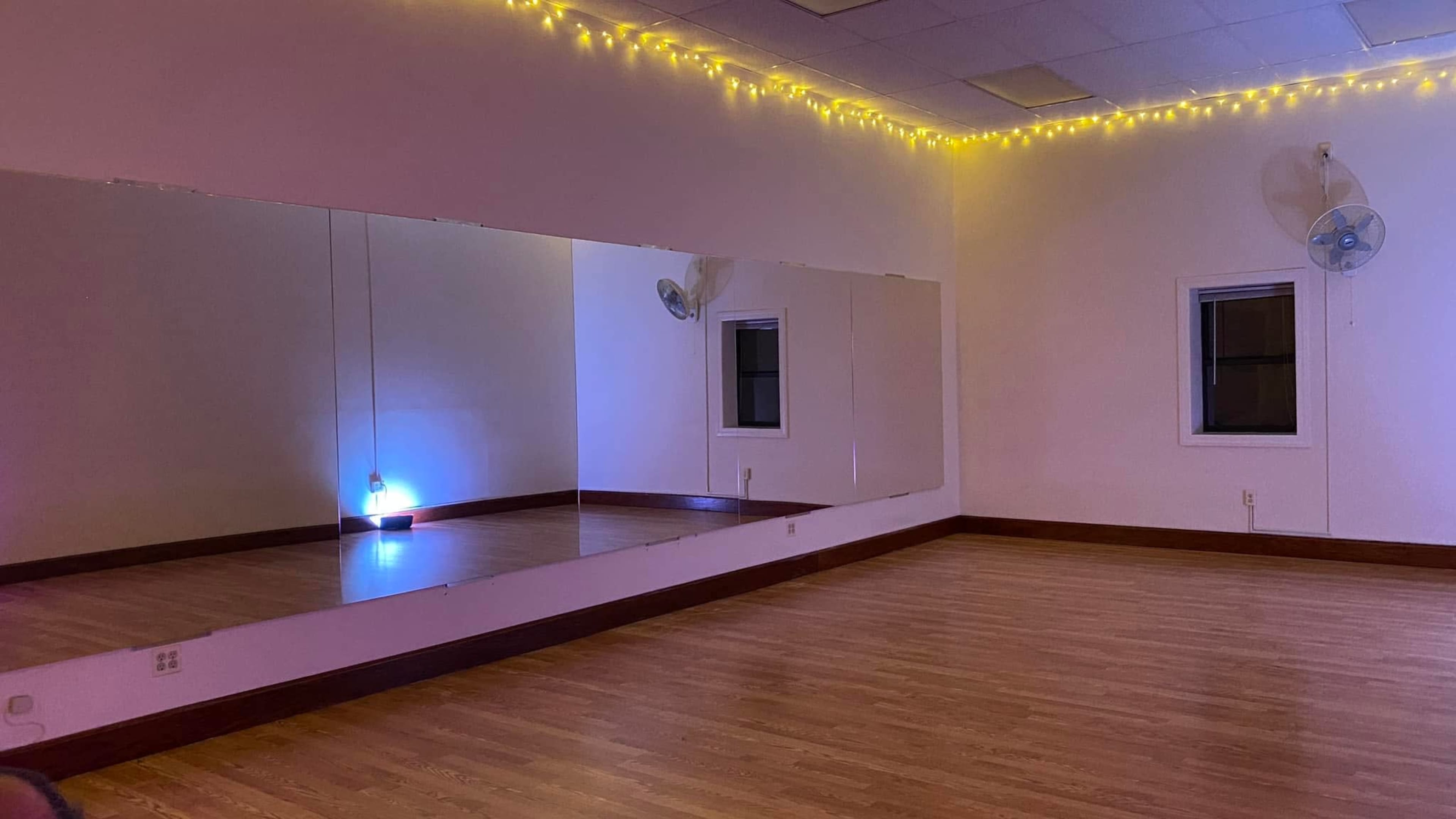 A spacious dance studio with wooden flooring, a large mirror on one wall, and soft lighting along the ceiling.