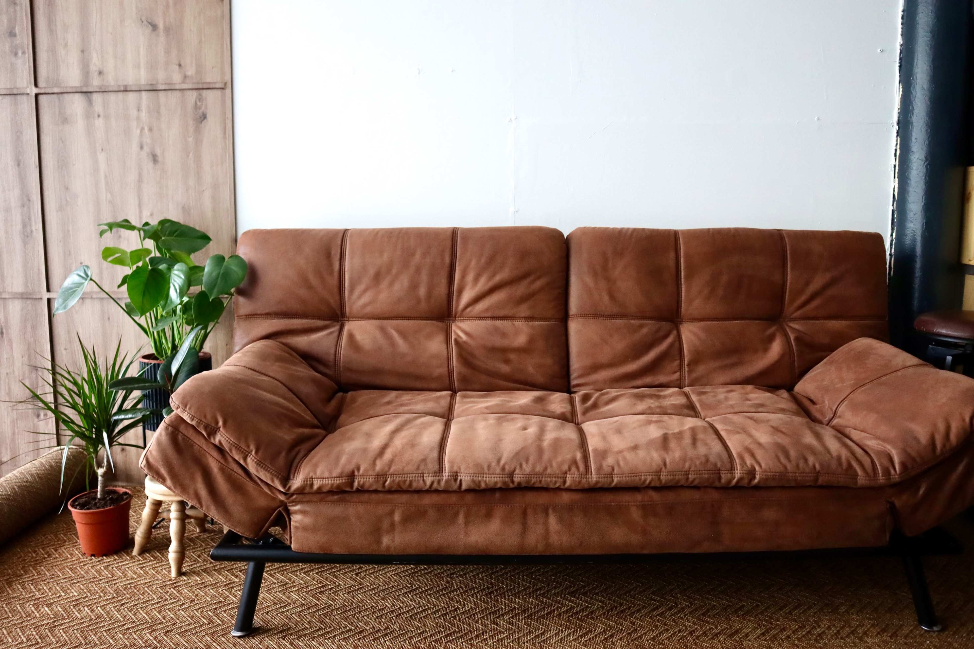 The image shows a brown futon sofa positioned against a wall with houseplants in pots nearby.