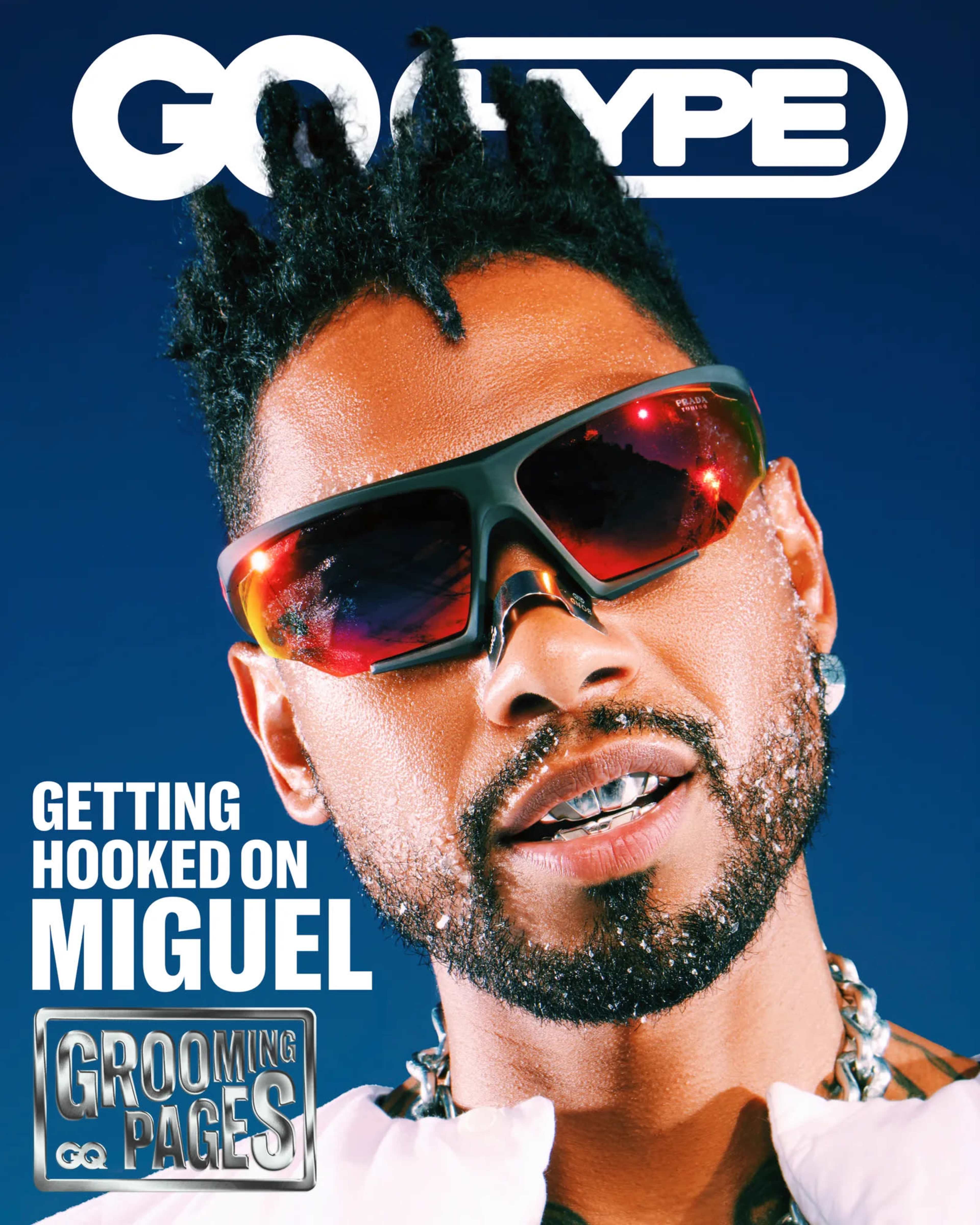 The image features a man with spiky hair wearing large sunglasses, with the text indicating a feature on artist Miguel.