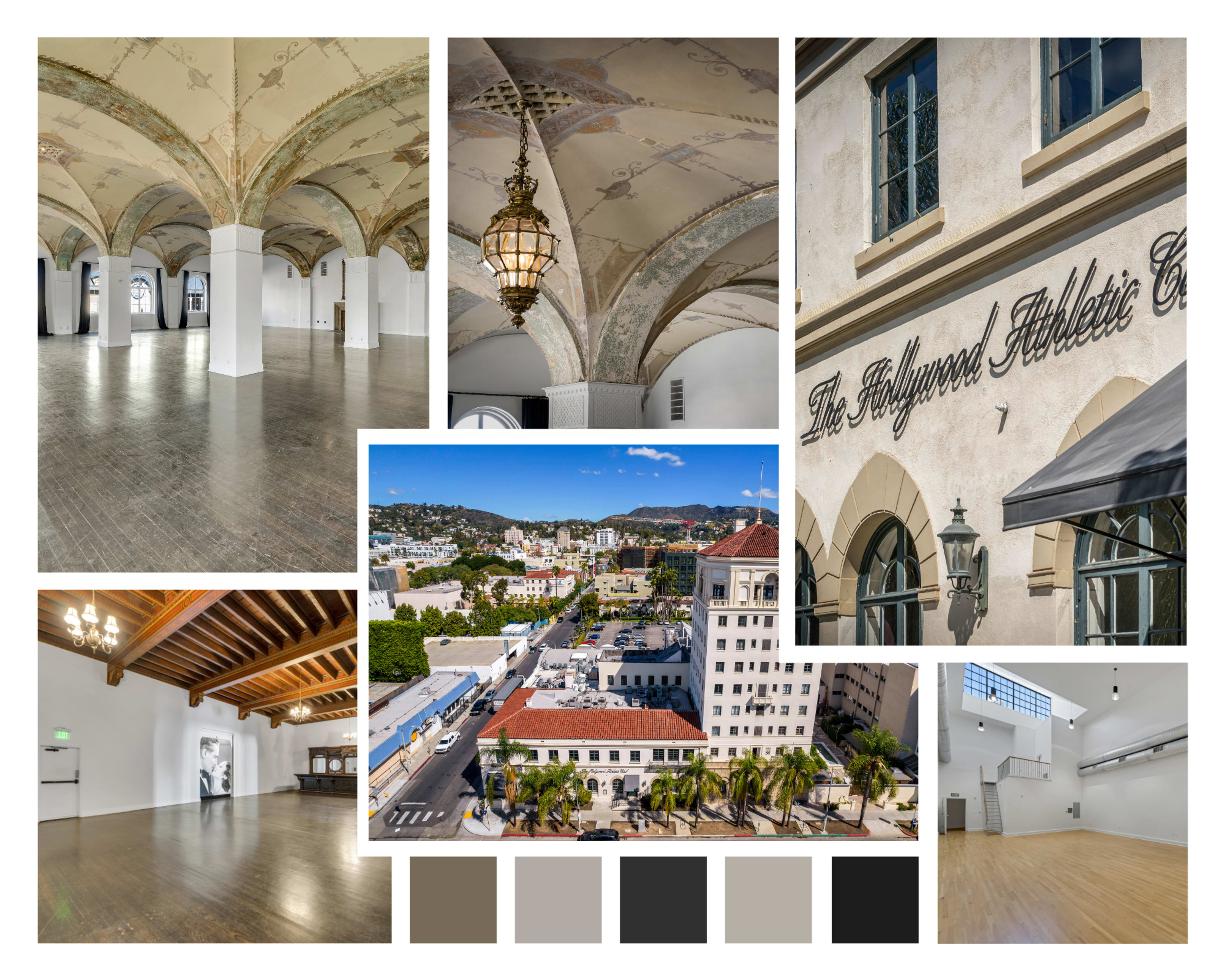 The collage showcases various views of the Hollywood Athletic Club, including its ornate ceilings, exterior signage, and spacious interior rooms.