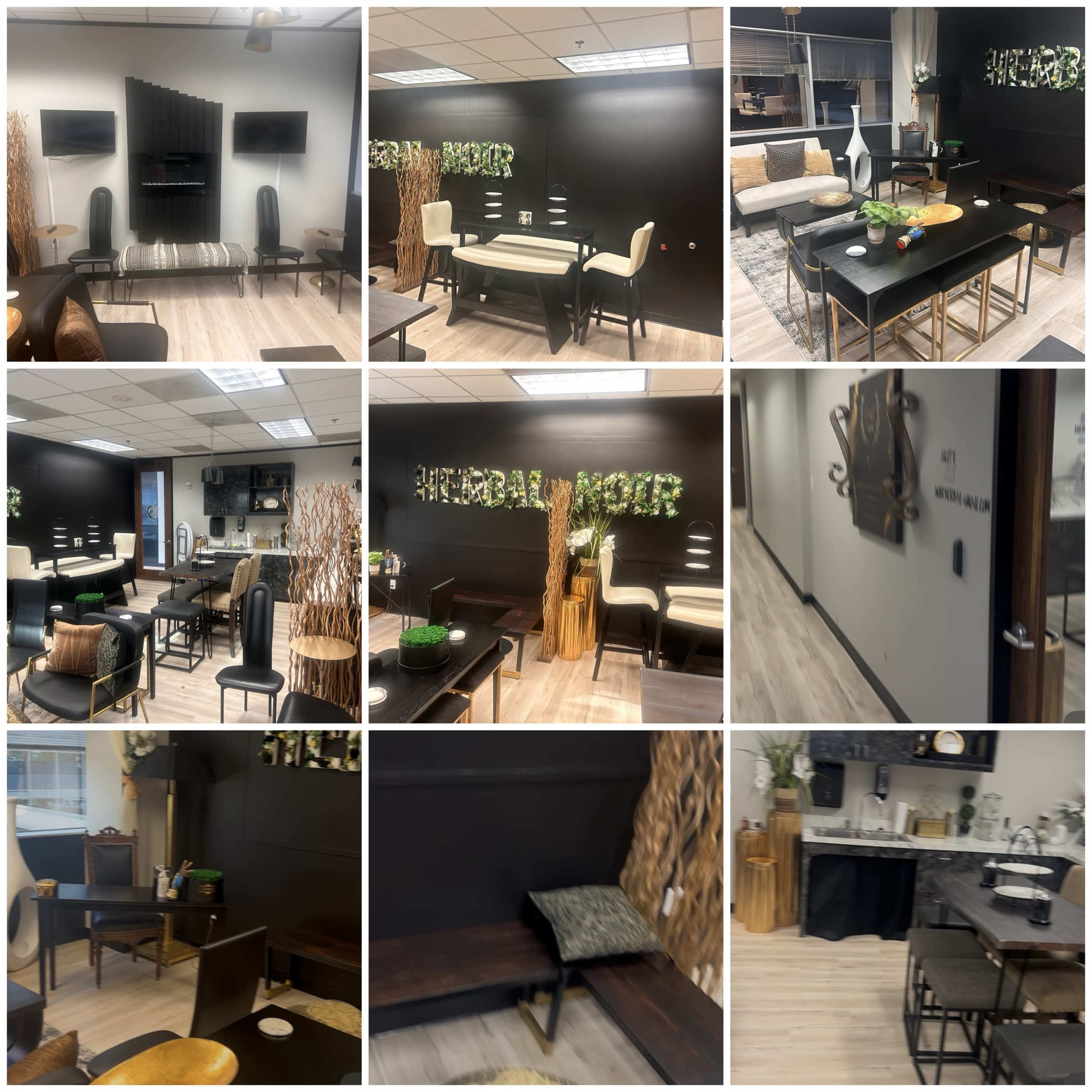 The image features a modern office space with black accent walls, various tables and seating arrangements, and multiple decorative elements, including plants and wall art.
