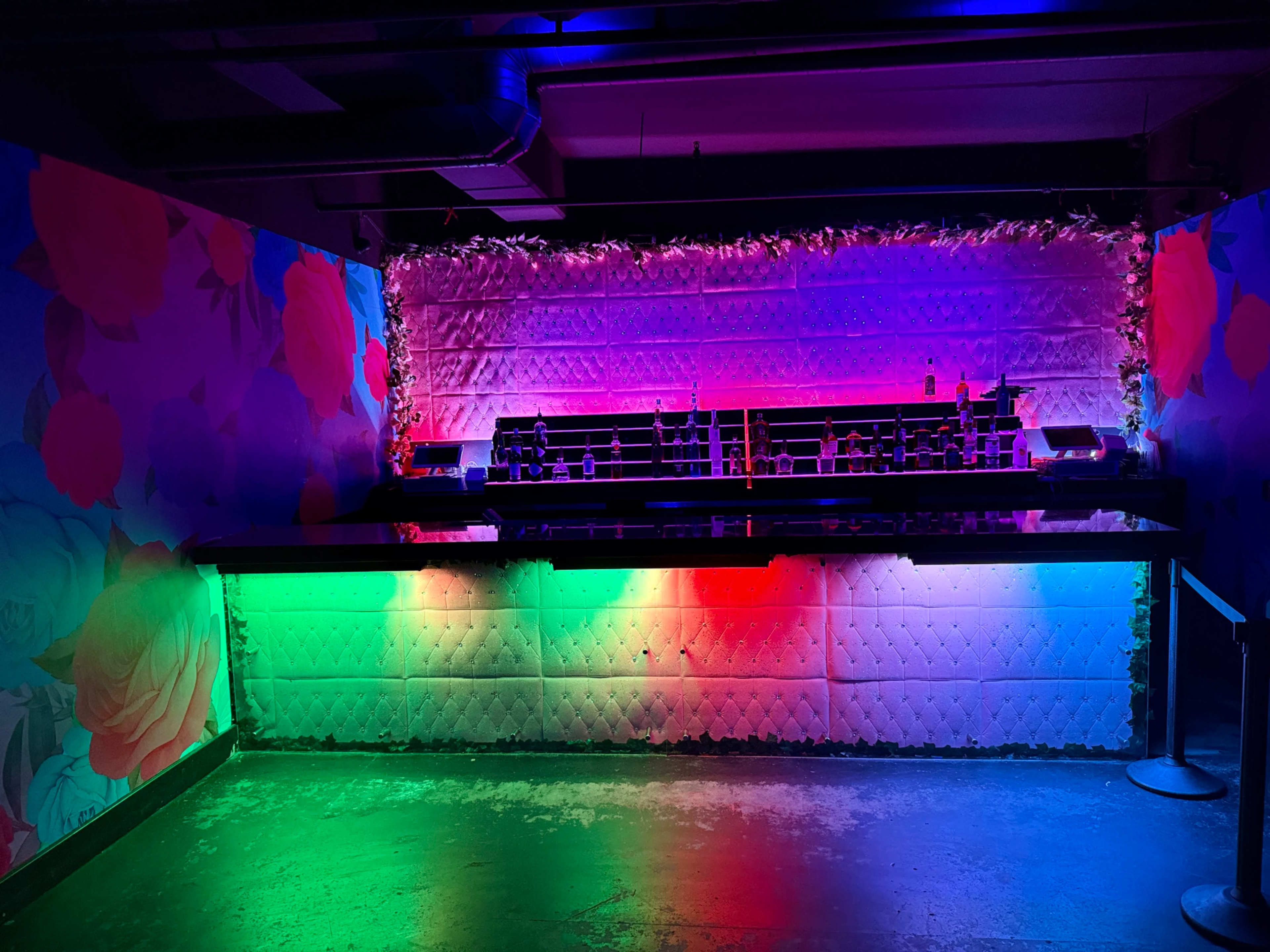 The image shows a dimly lit bar area with colorful lighting, featuring a floral mural on the wall and a sleek bar counter.