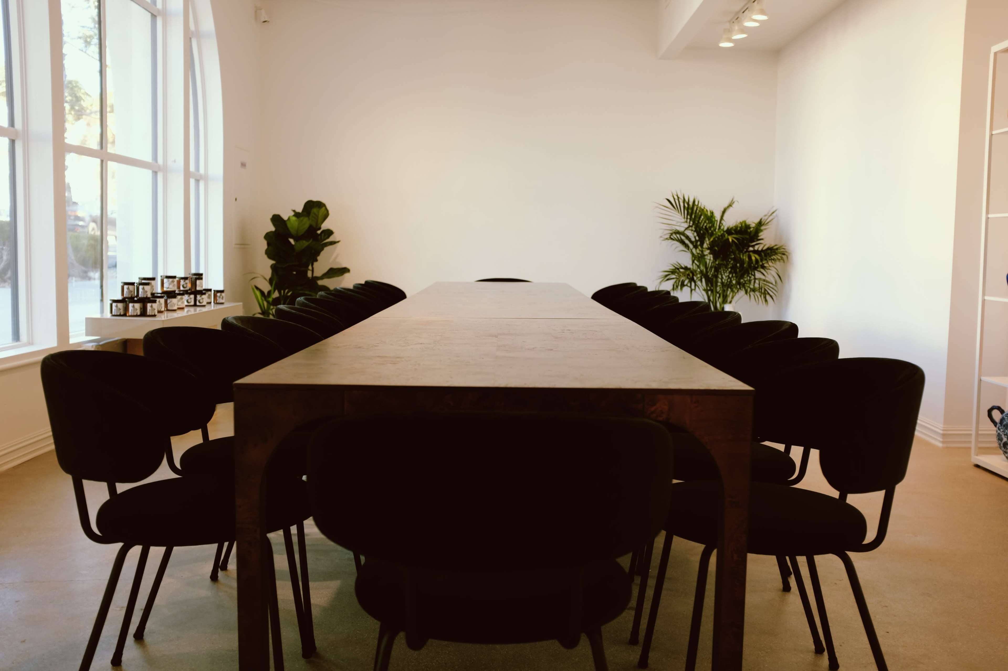 A long wooden table is surrounded by black chairs in a well-lit, minimalist room with plants and large windows.