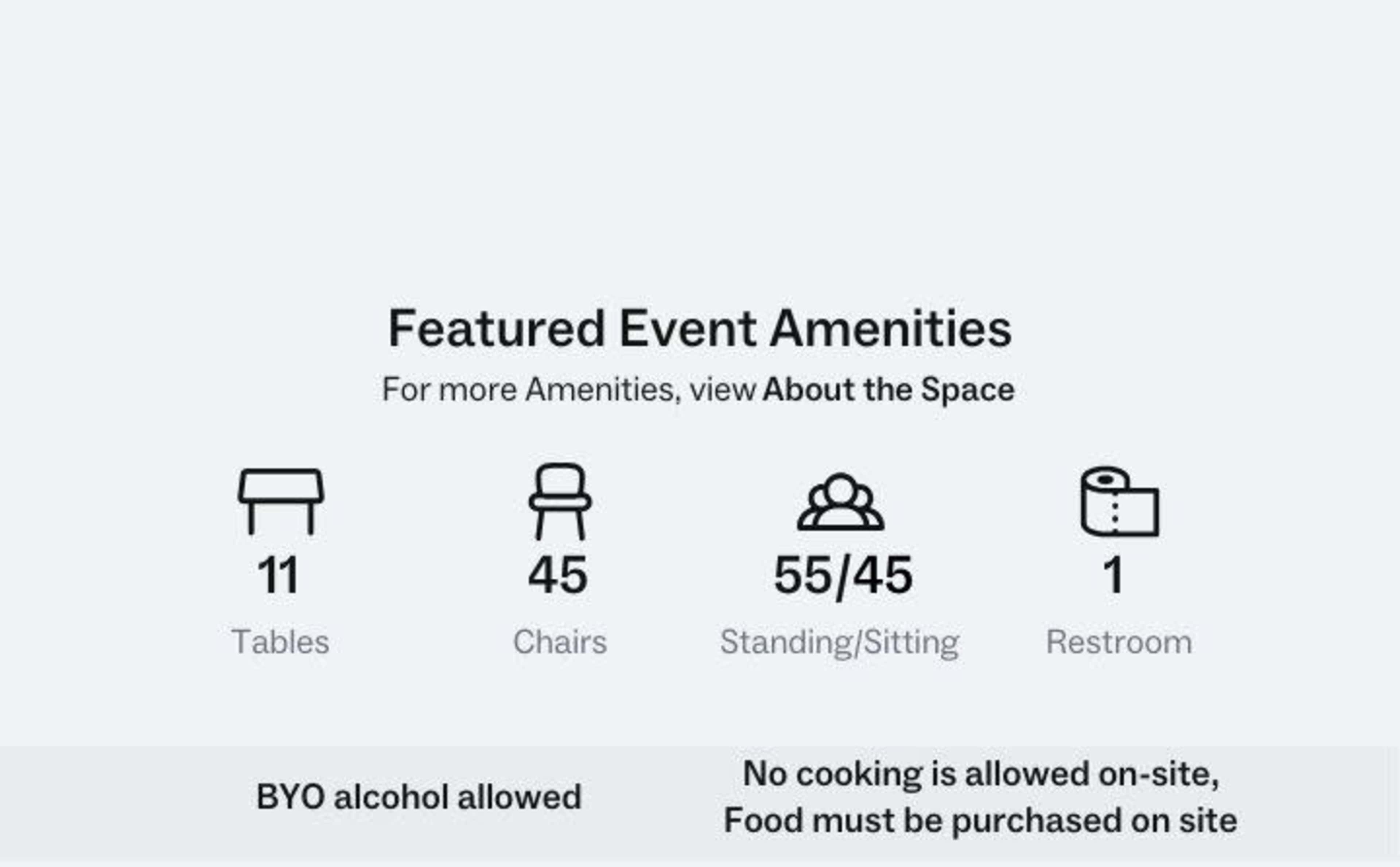 Information about event amenities, including the number of tables and chairs, seating capacity, restroom availability, and food policies.