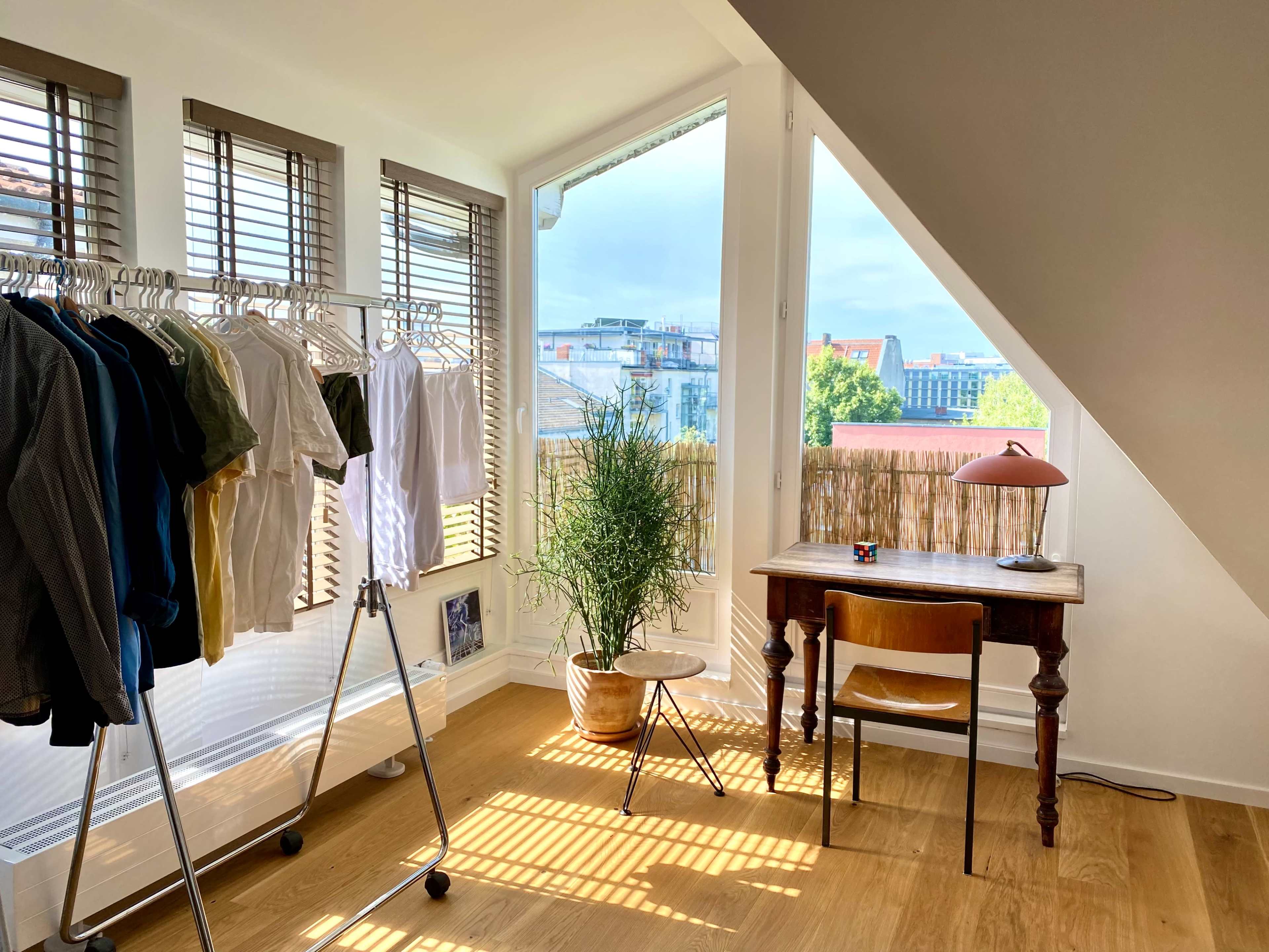 A bright room features a clothing rack with various shirts, a small wooden desk with a lamp, and a potted plant near a window, overlooking an outdoor view.