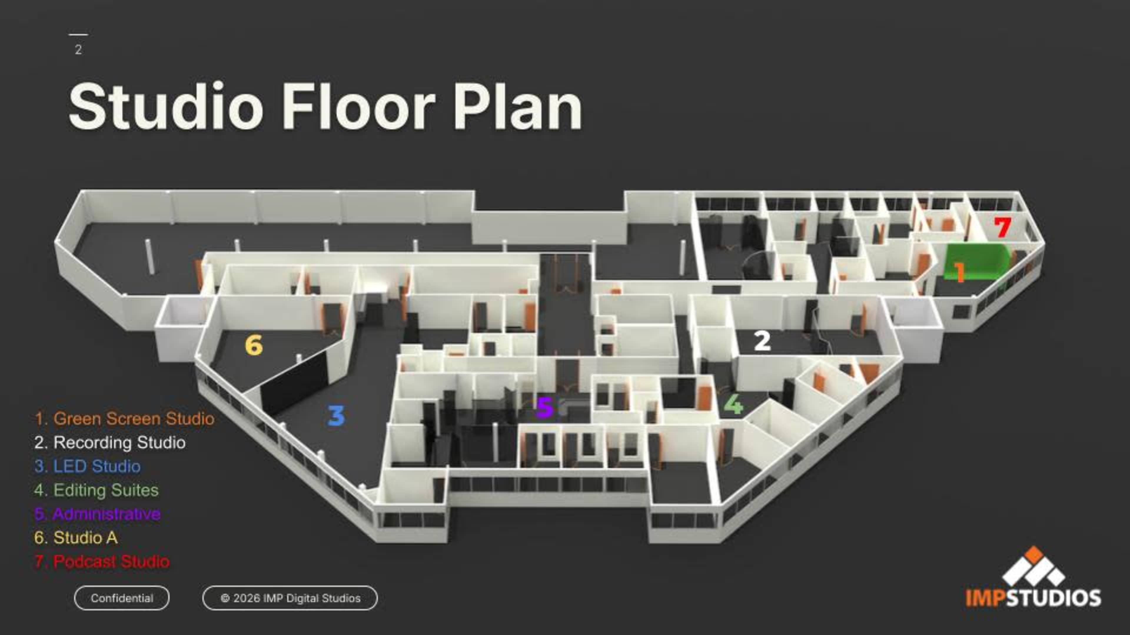 The image shows a detailed floor plan of a studio layout, indicating various rooms such as a green screen studio, recording studio, editing suites, and administrative areas, each marked with corresponding numbers.