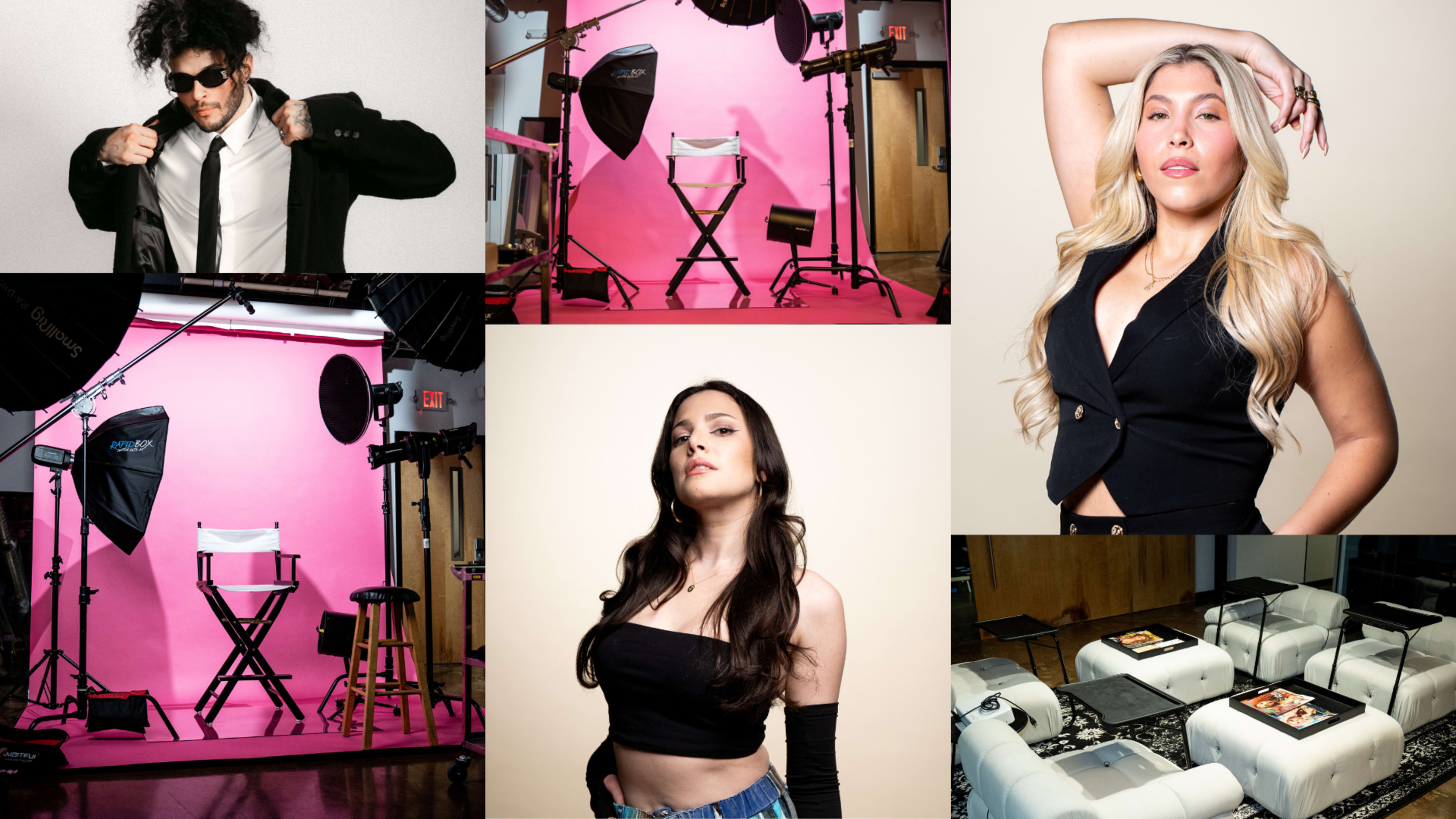 A collage of individuals posing in a studio setting with pink backdrops, various lighting equipment, and director's chairs.
