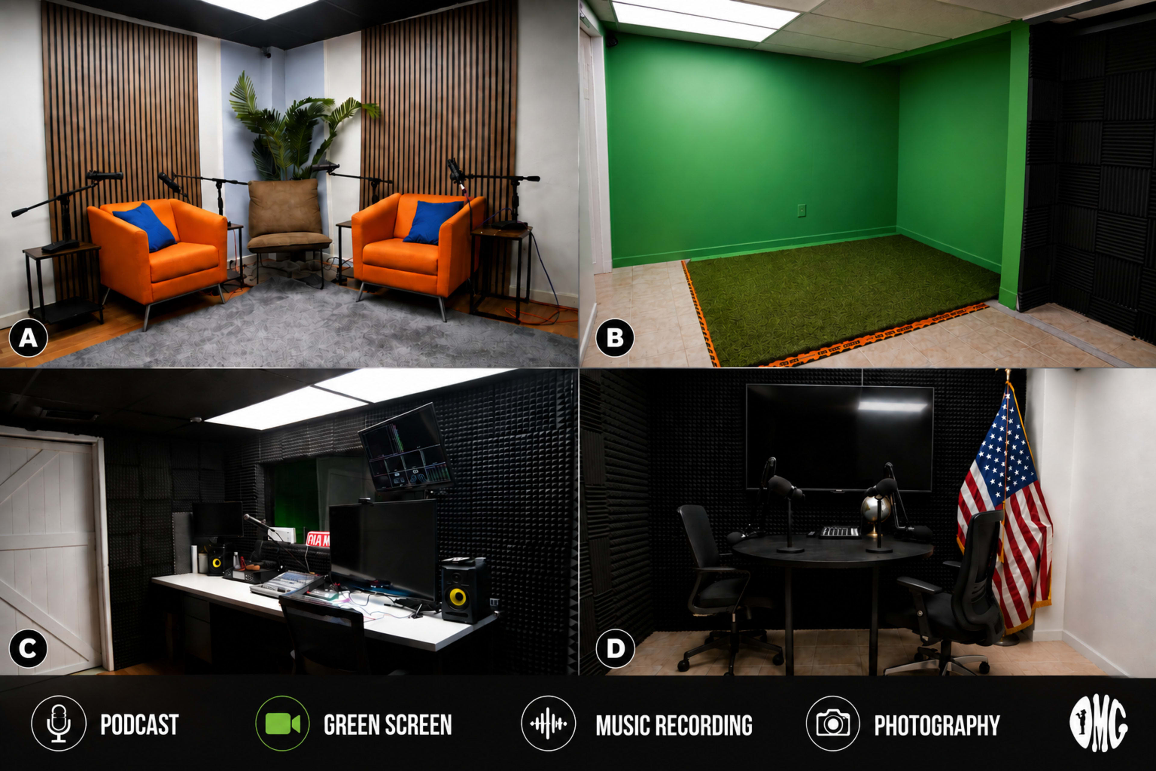 The image displays four separate studio setups: A) a podcasting area with two orange chairs and a backdrop of wood paneling; B) a green screen room with a green wall and carpet; C) a multi-platform recording studio with a desk and multiple monitors; D) a photography or video conferencing