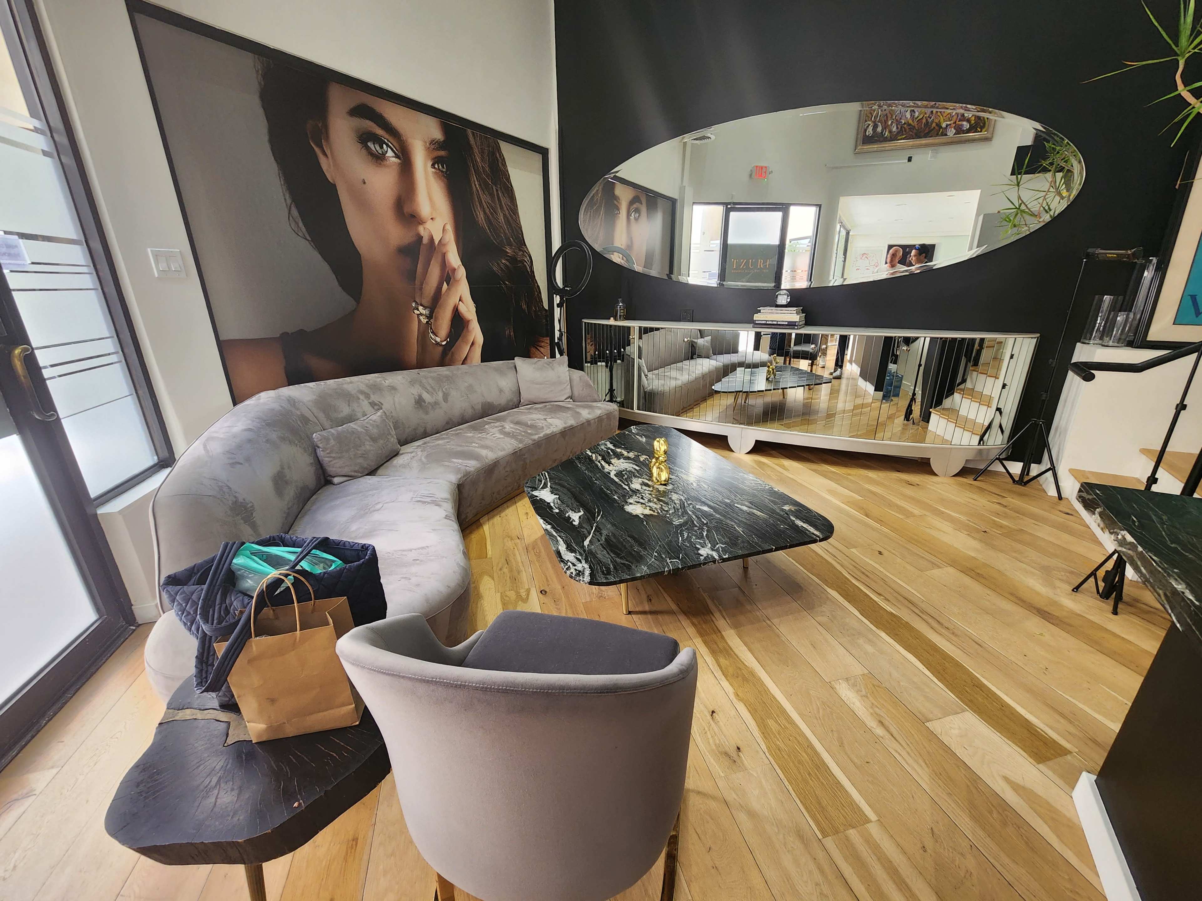 The image shows a modern interior featuring a curved gray sofa, a black marble coffee table, and a large mirror, with a prominent portrait on the wall.