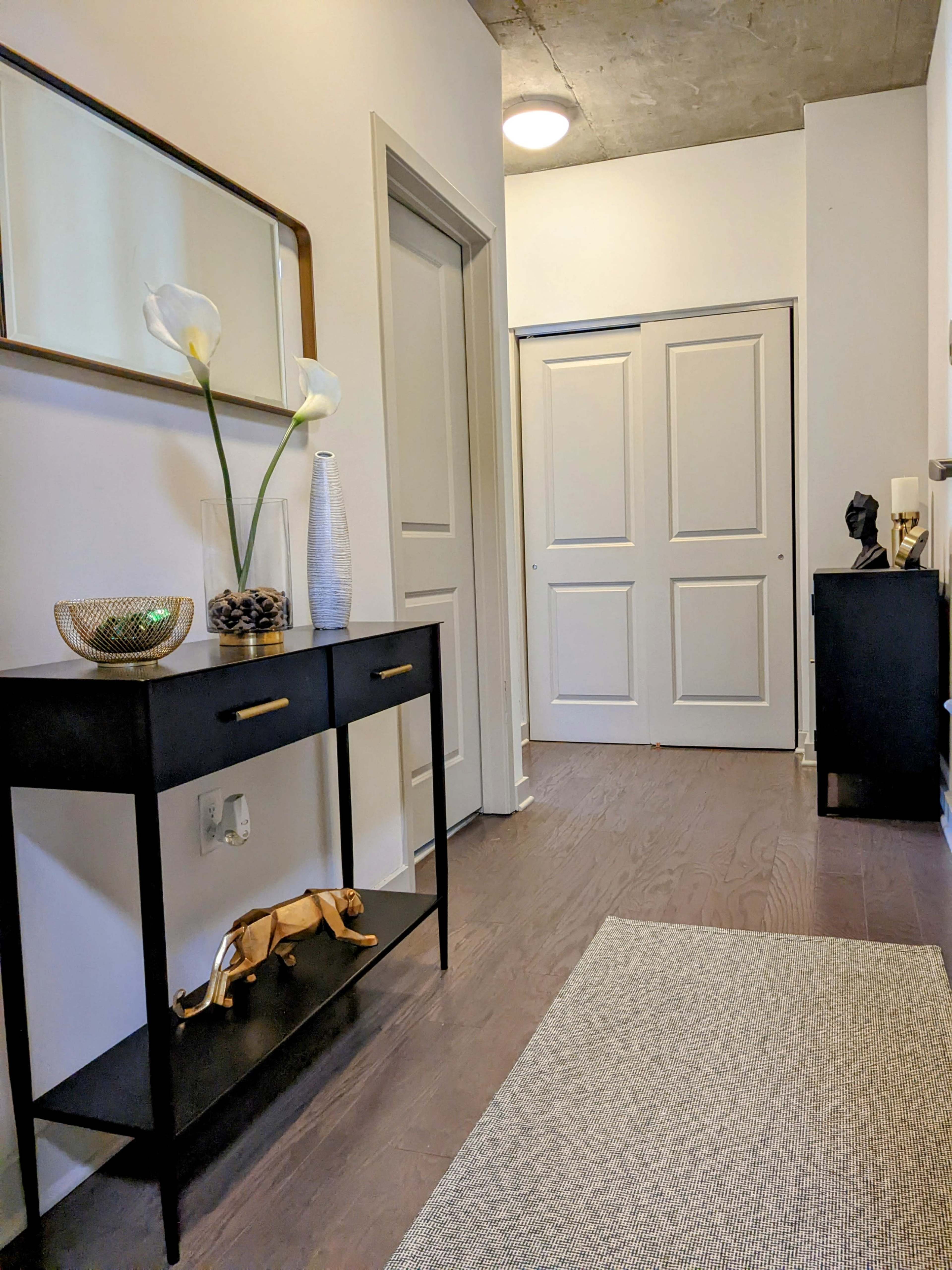 A narrow hallway features a console table with decorative items, a mirror on the wall, and two closed doors at the end.