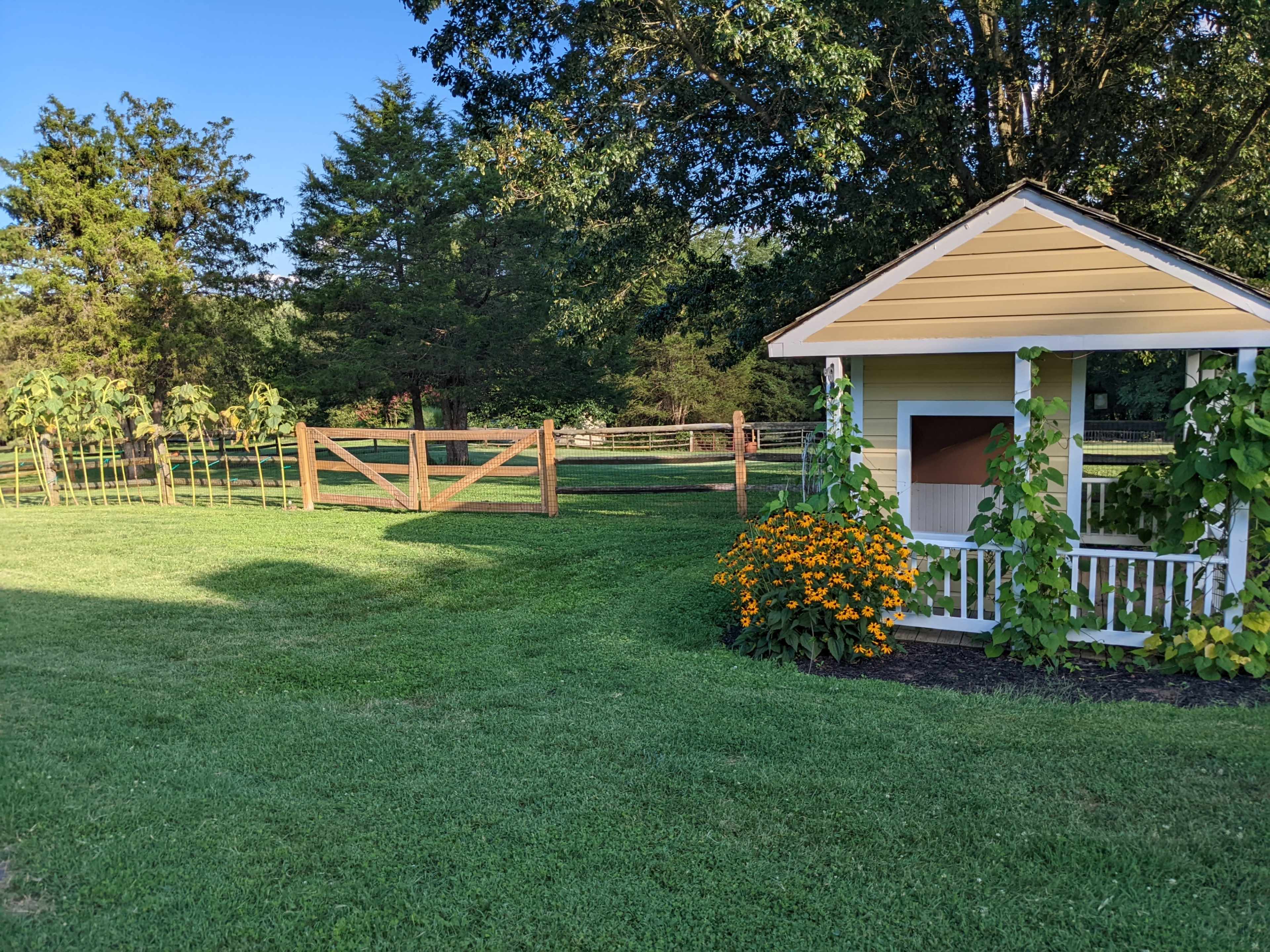 The image shows a grassy area with a small yellow playhouse on the right, a colorful flowerbed in front, and a wooden fence with trees in the background.