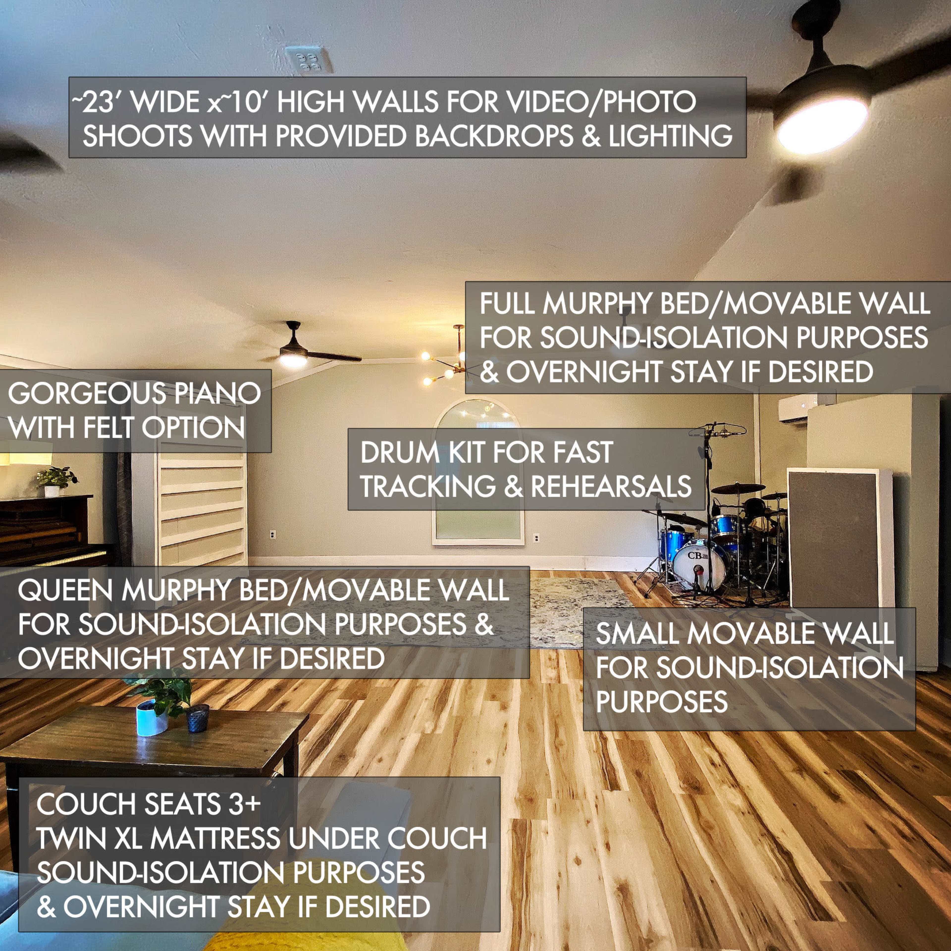 The image shows a versatile room designed for video and photo shoots, featuring a piano, a Murphy bed, a drum kit, and various furniture configurations for sound isolation.