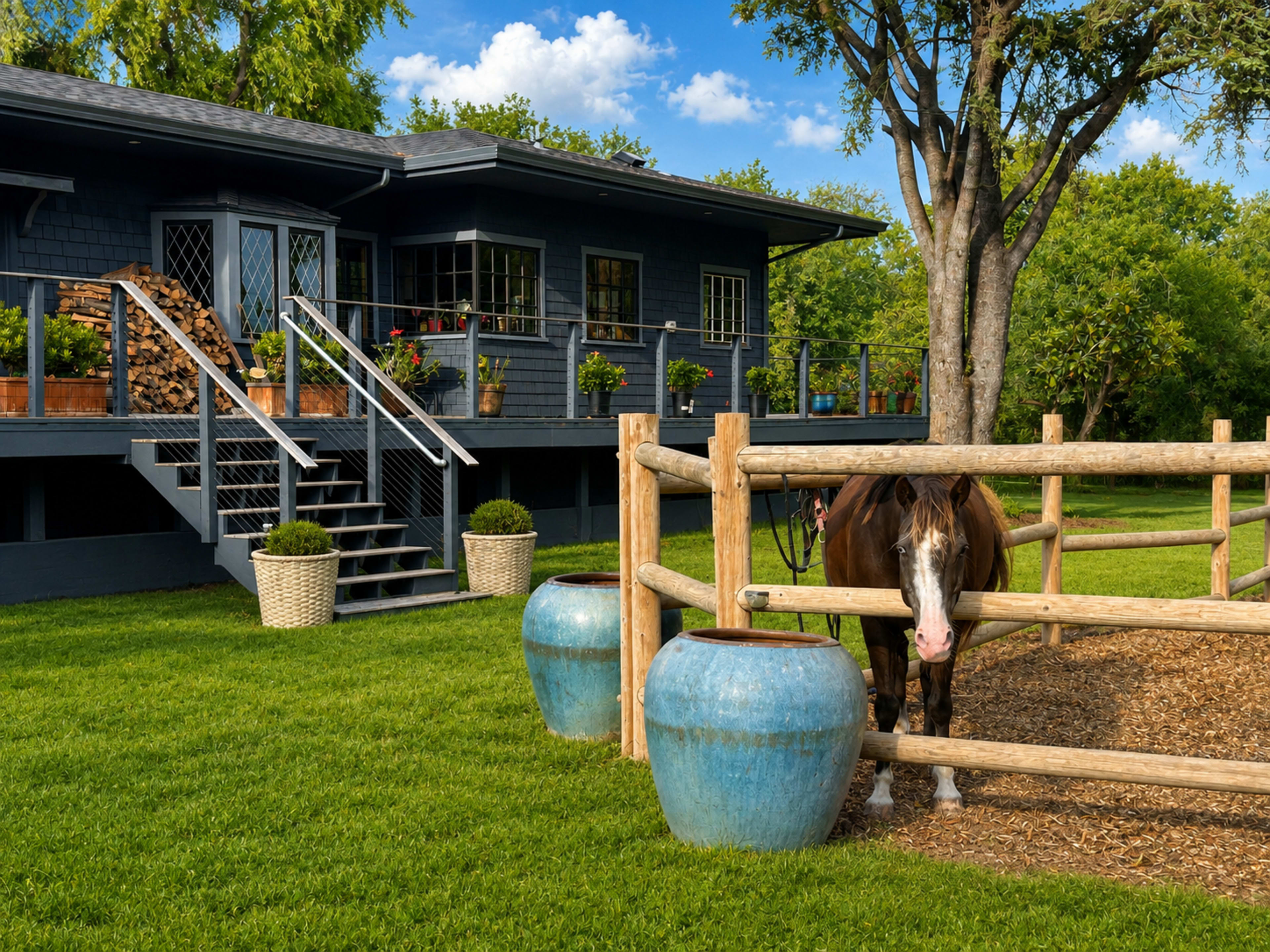 A horse stands near a wooden fence in front of a house with a deck and stairs, surrounded by greenery and potted plants.