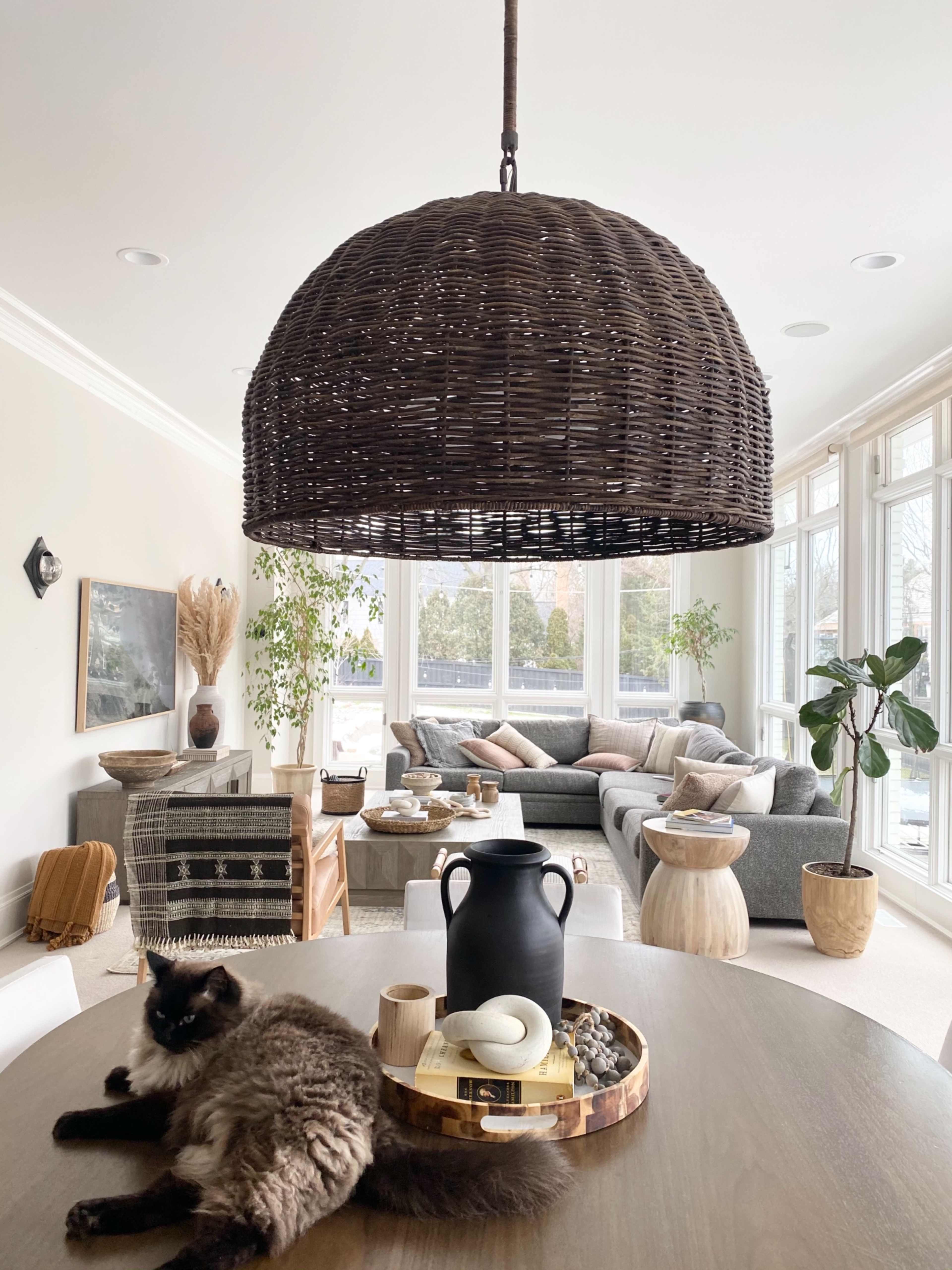 A modern living space features a round woven light fixture hanging over a wooden table, with a cozy seating area and plants in the background.