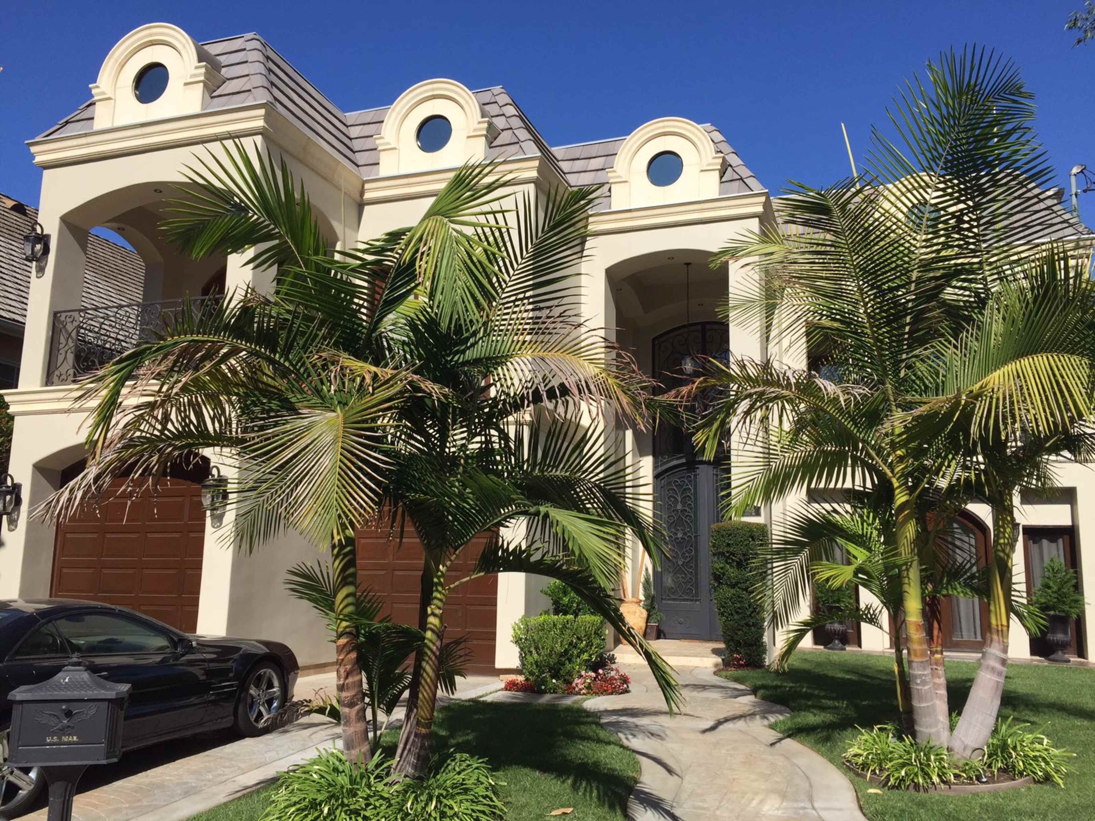 A large, two-story house features a driveway with a parked car and is framed by palm trees and well-maintained landscaping.
