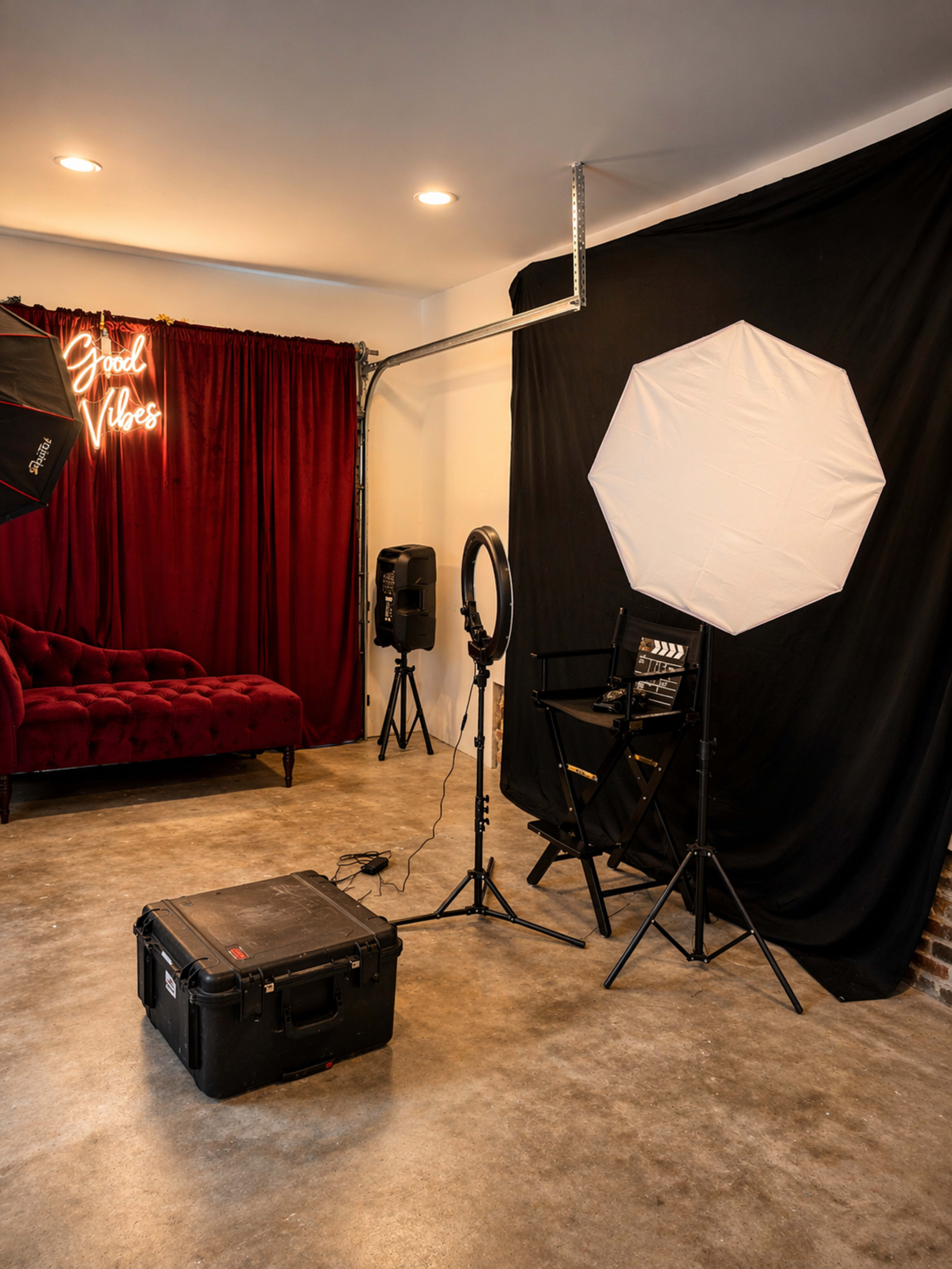 The image shows a photography studio setup featuring a red velvet couch, a black backdrop, a ring light, a softbox, and a director's chair, all arranged on a concrete floor.