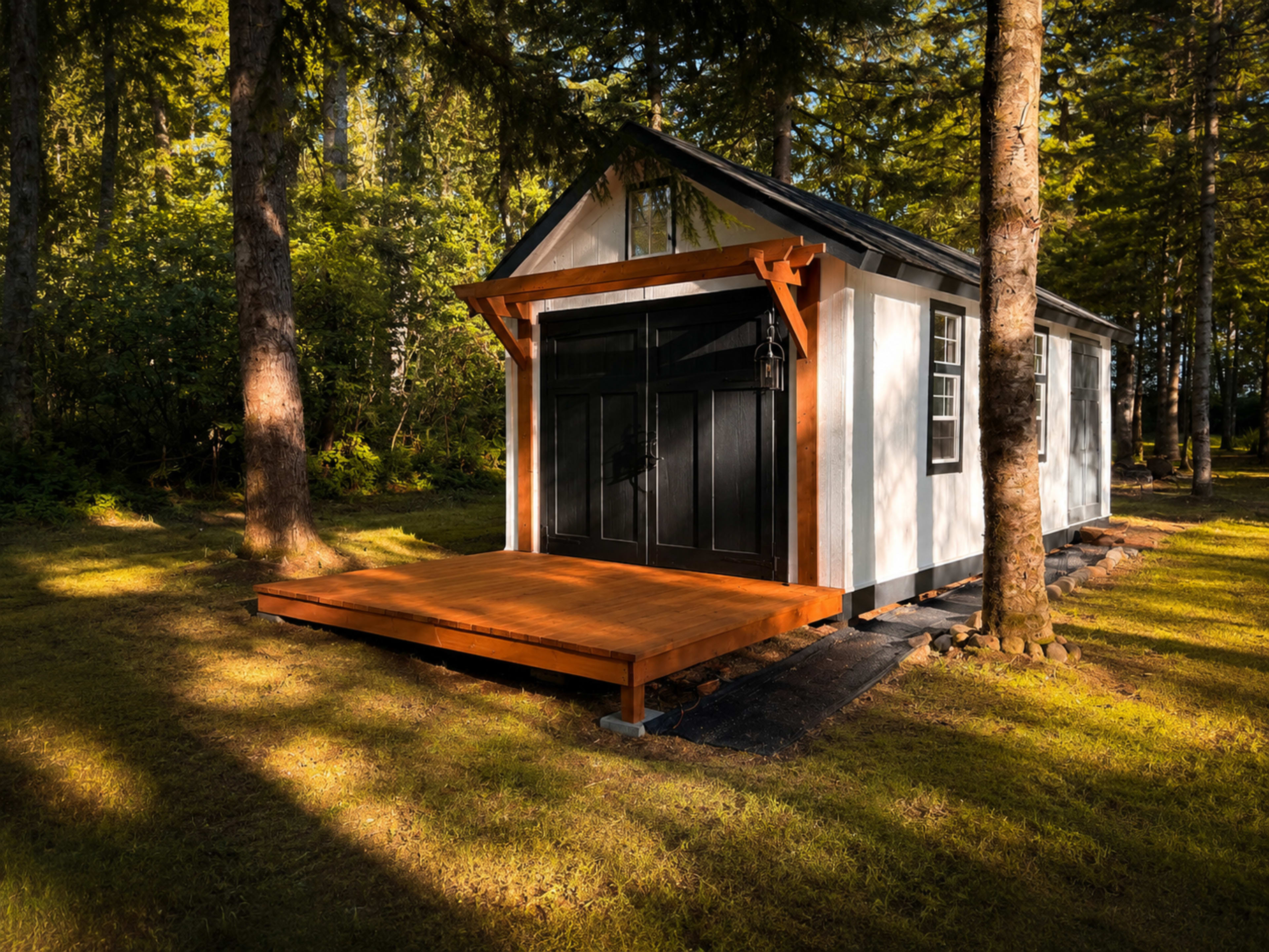 A small, modern cabin with a black door and a wooden deck is situated among tall trees in a grassy area.