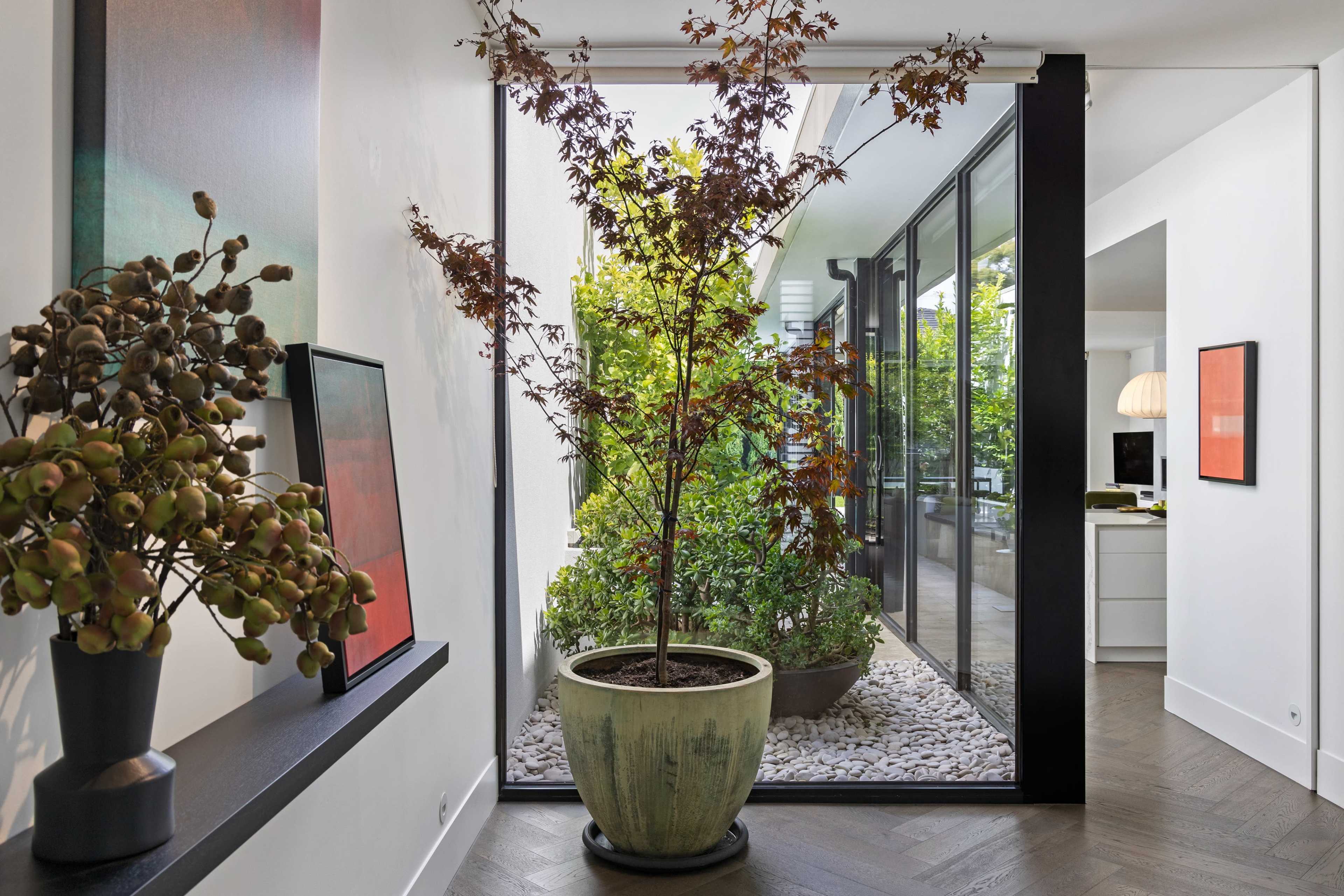 A modern hallway features large glass walls with greenery visible outside, complemented by potted plants and artwork on the walls.