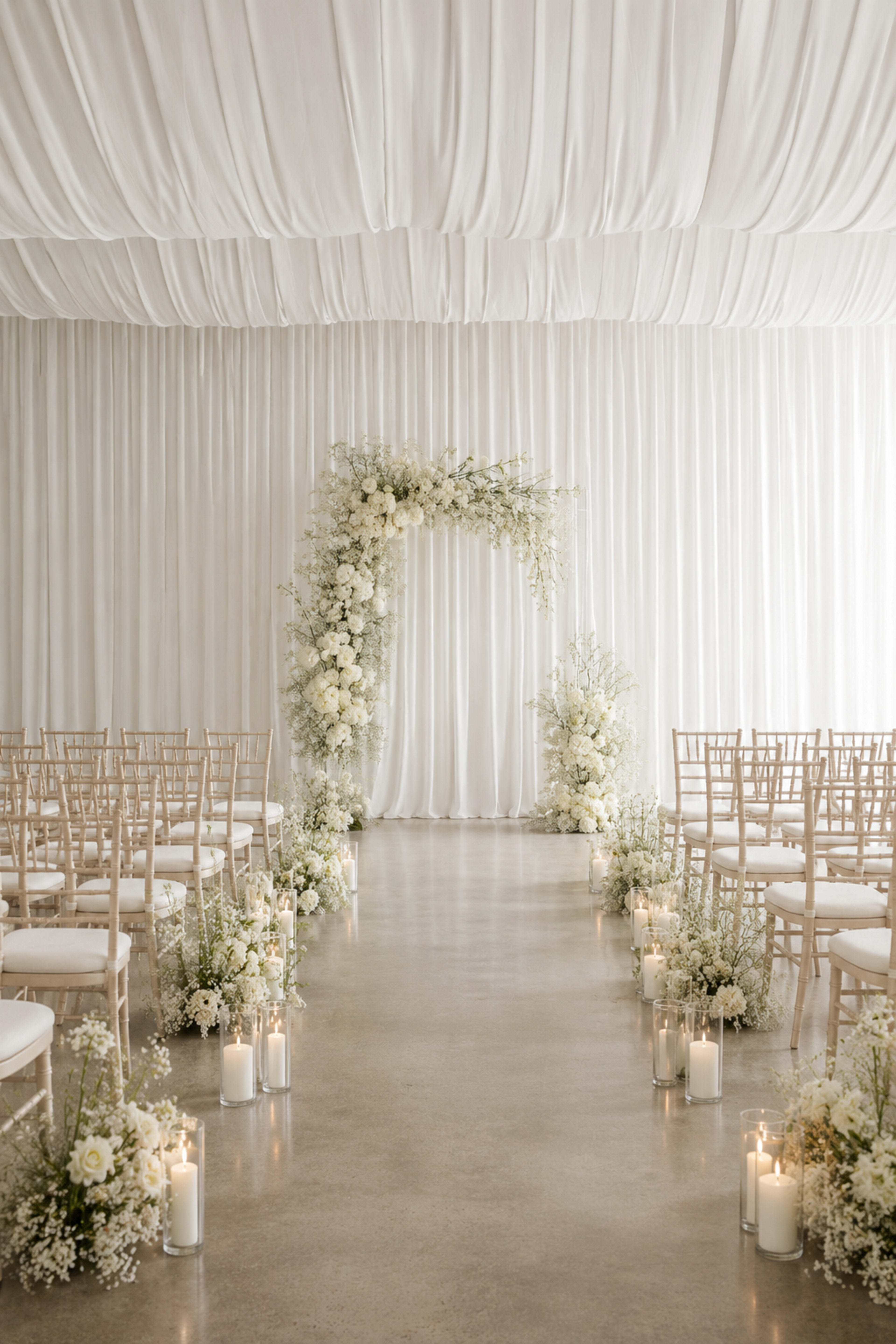 A beautifully arranged wedding venue features rows of chairs, an arch adorned with white flowers, and candles lining the aisle under a draped ceiling.