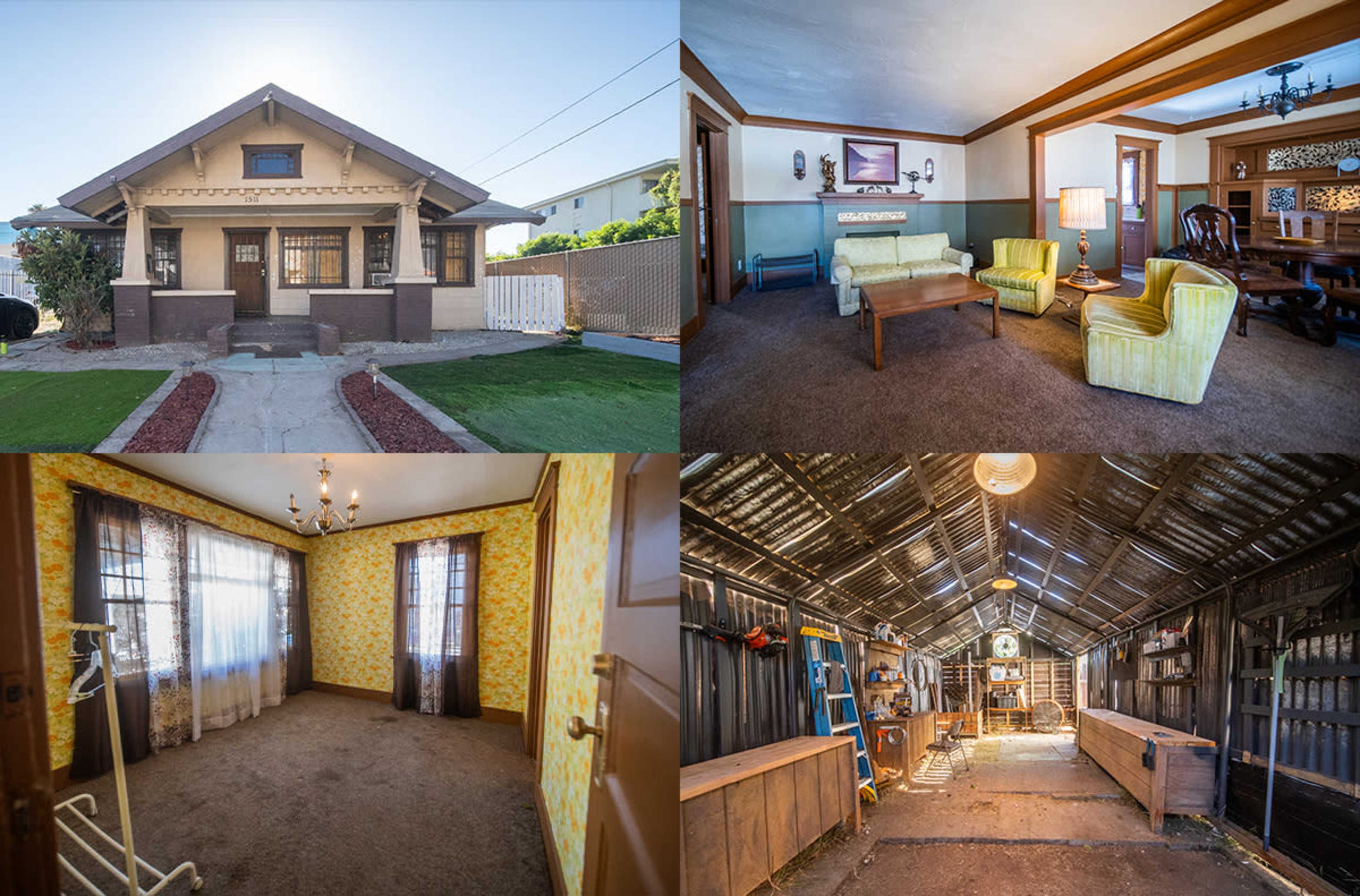 The image features a four-panel collage of a bungalow home exterior, a living room with vintage furniture, a yellow-patterned interior room, and a rustic shed filled with tools and wooden furniture.