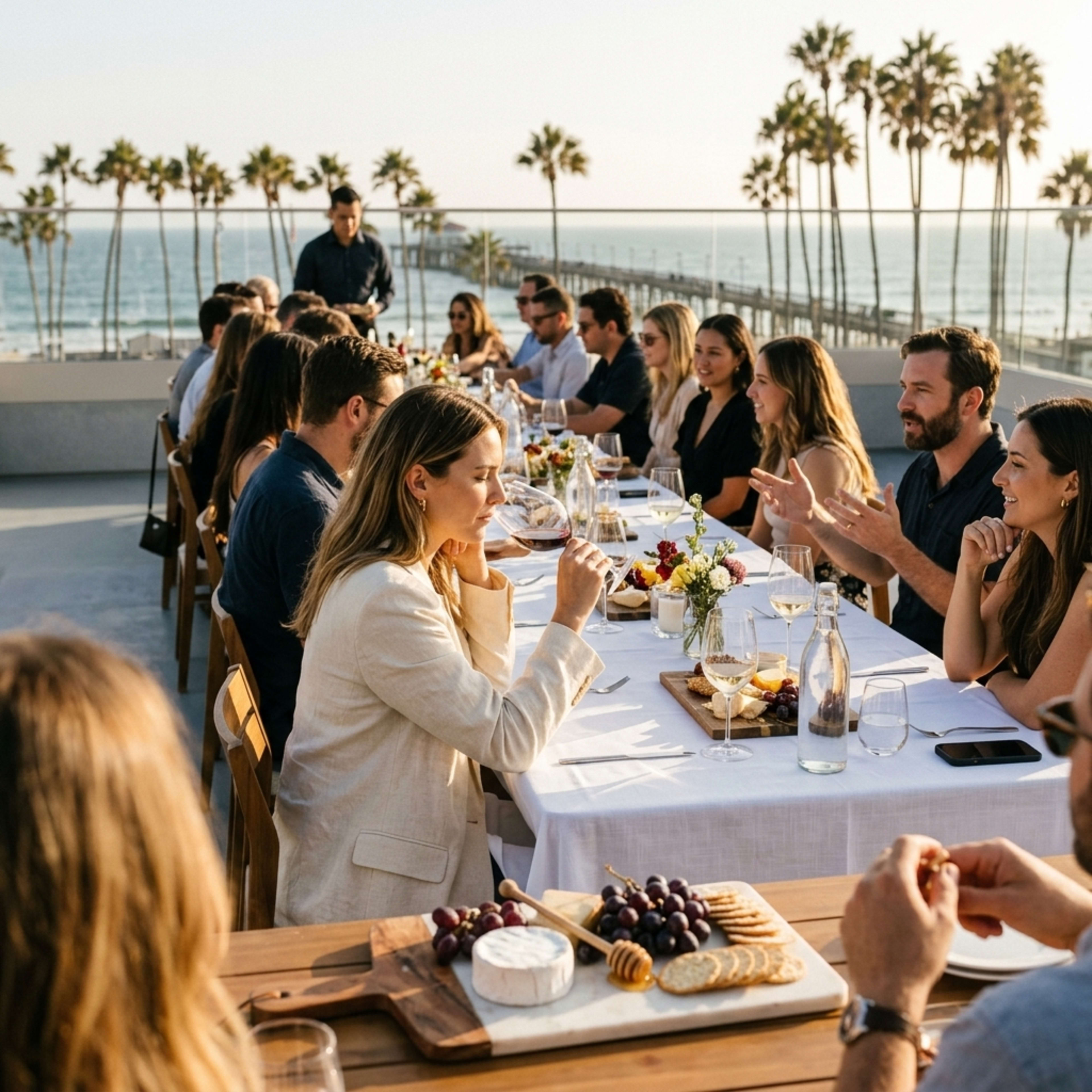 A large group of people is dining at a long table on a rooftop with a view of the ocean and palm trees.