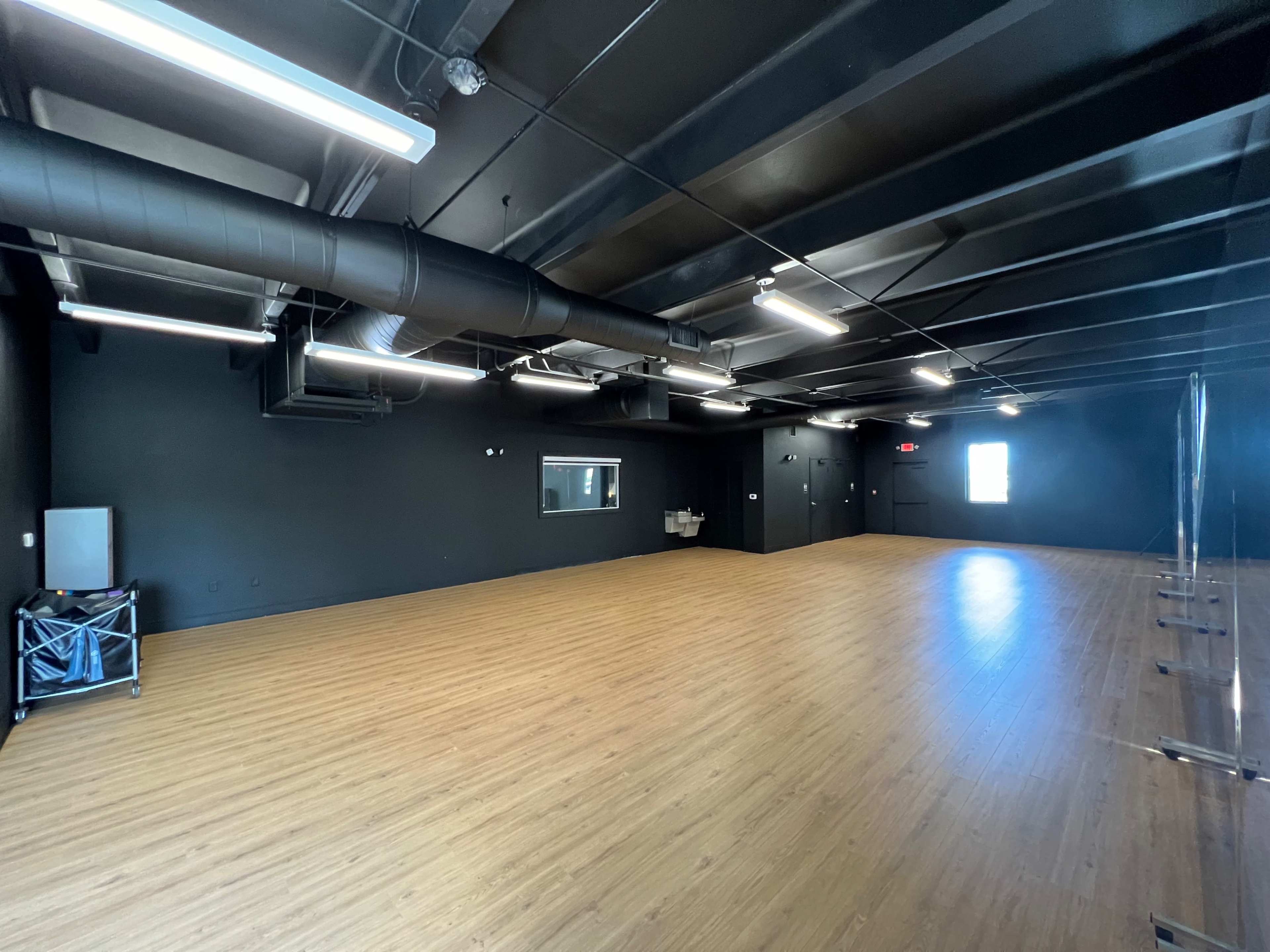 A spacious, empty room with black walls, wooden flooring, and bright overhead lighting.