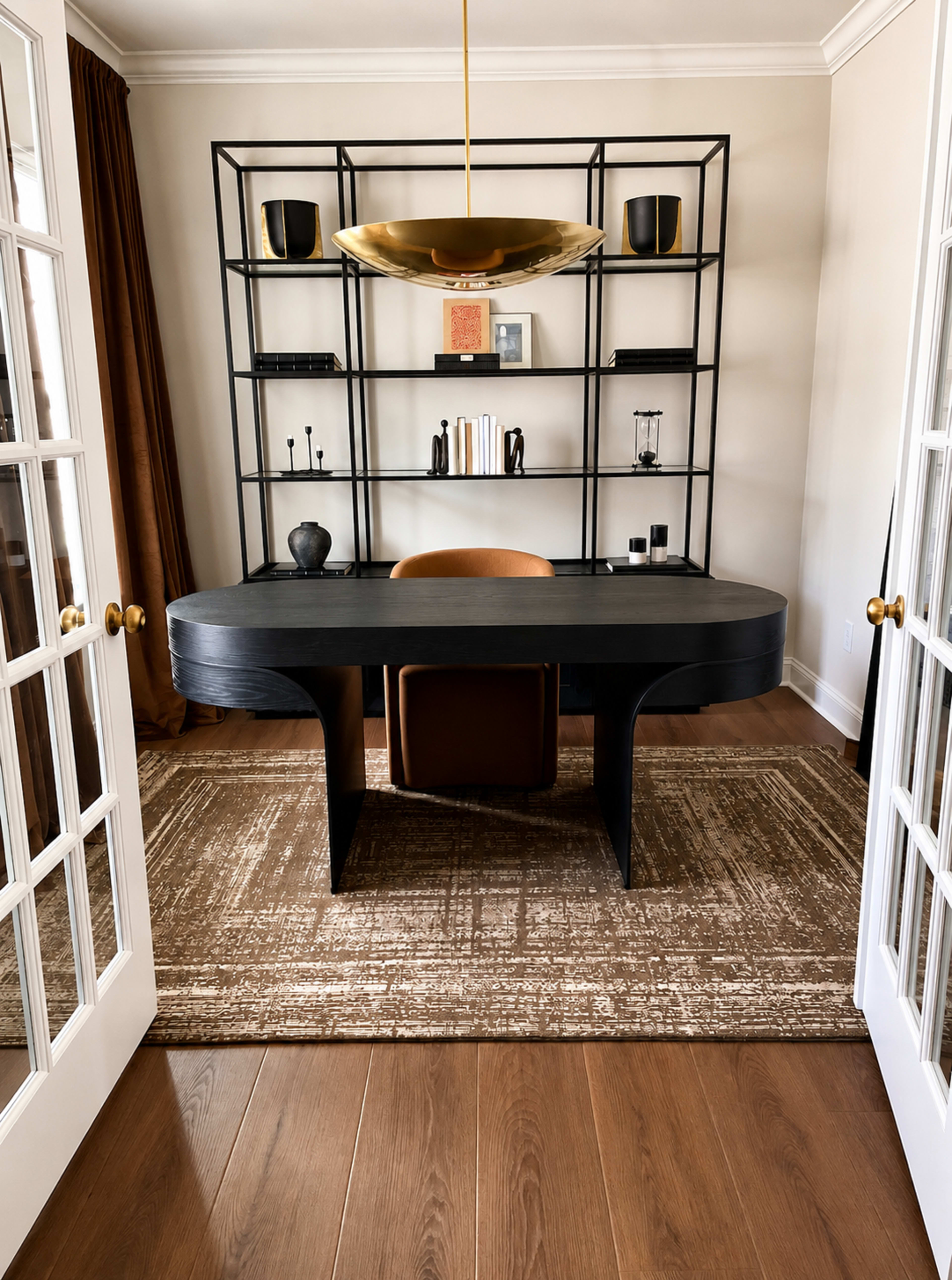A modern office features a sleek black desk and an organized bookshelf, with a warm color scheme and natural light flowing through the glass door.