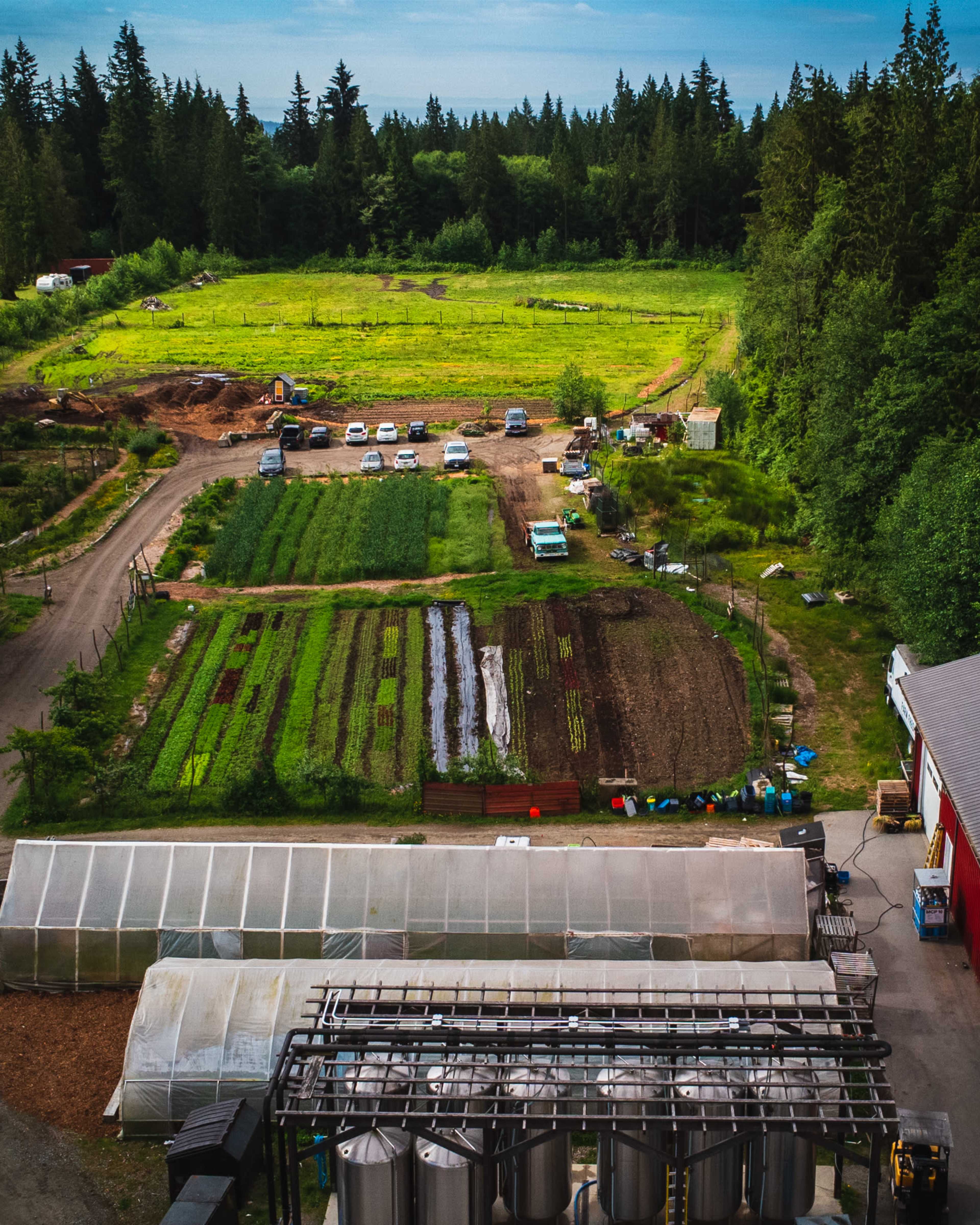 An aerial view of a farm featuring various fields of crops, greenhouses, and several parked vehicles surrounded by trees.