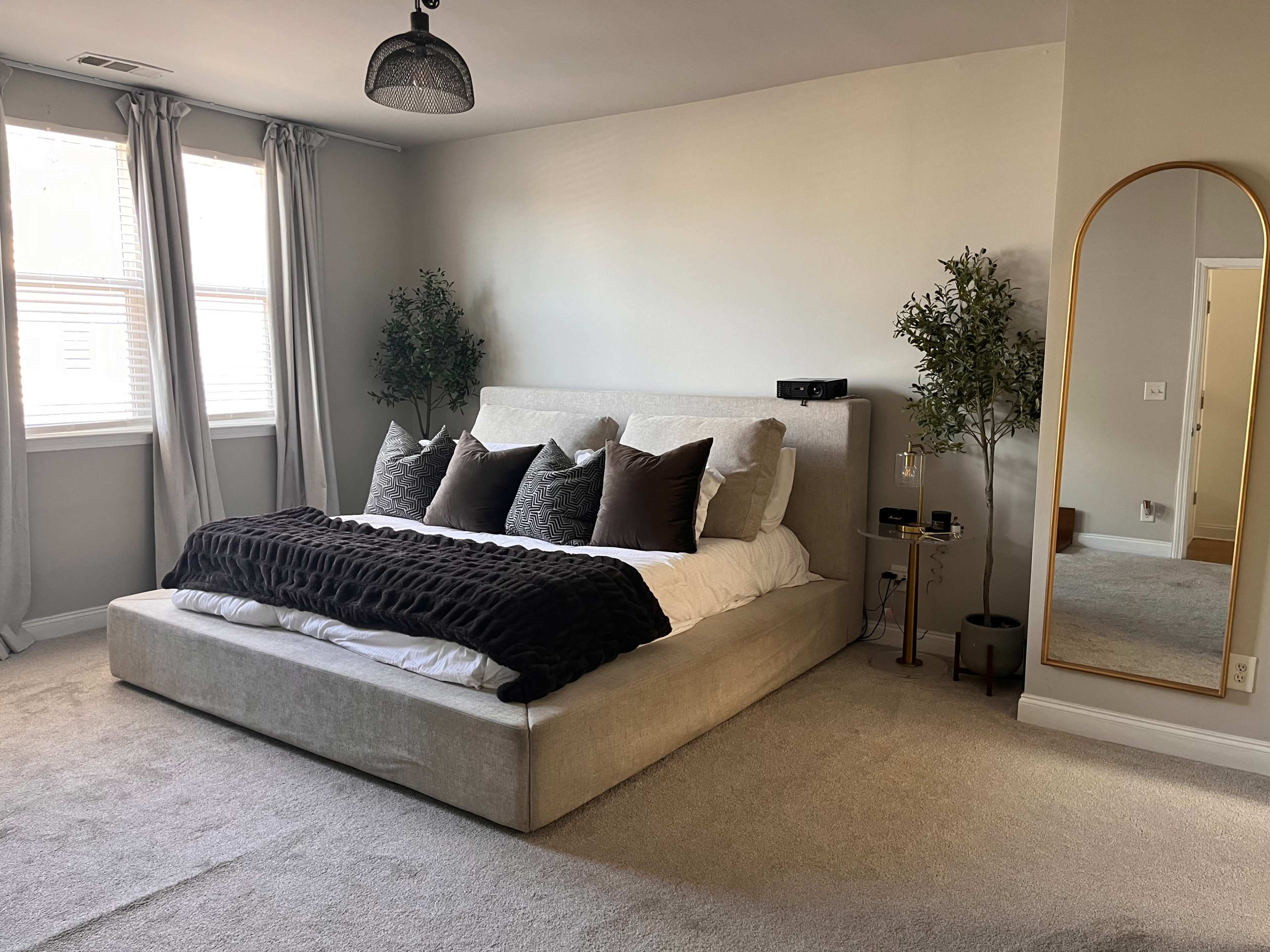 A modern bedroom featuring a large bed with decorative pillows, two indoor plants, and a full-length mirror.